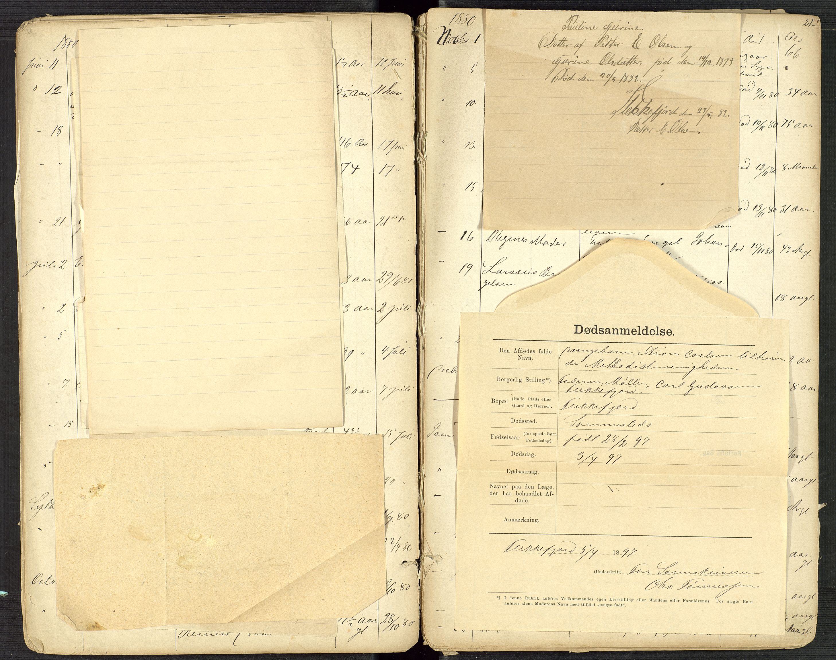 Flekkefjord byfogd, AV/SAK-1222-0002/H/Ha/L0001: Dødsfallsfortegnelse, defekt, nr 1, 1864-1907, p. 21