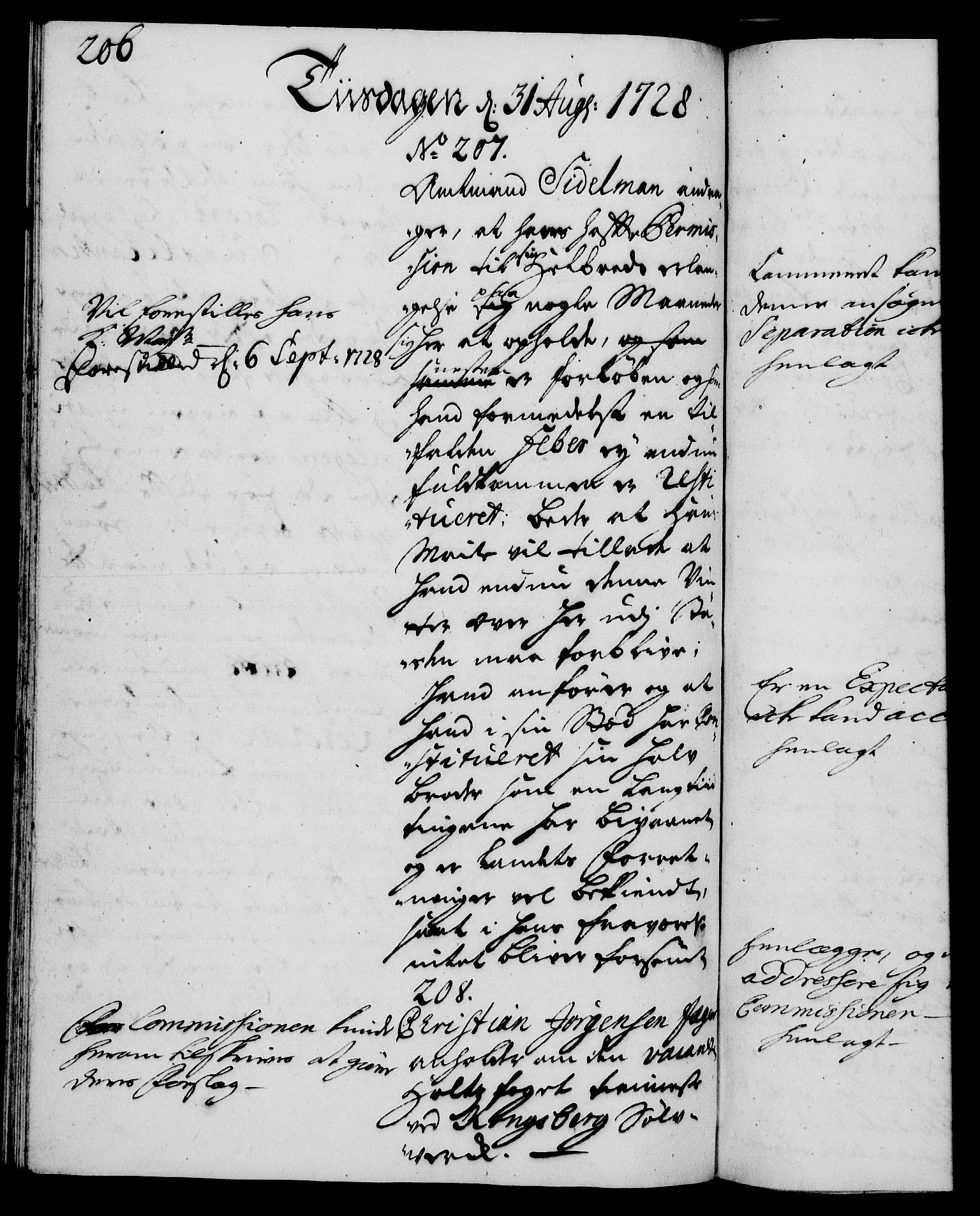 Rentekammeret, Kammerkanselliet, AV/RA-EA-3111/G/Gh/Gha/L0010: Norsk ekstraktmemorialprotokoll (merket RK 53.55), 1728, p. 206