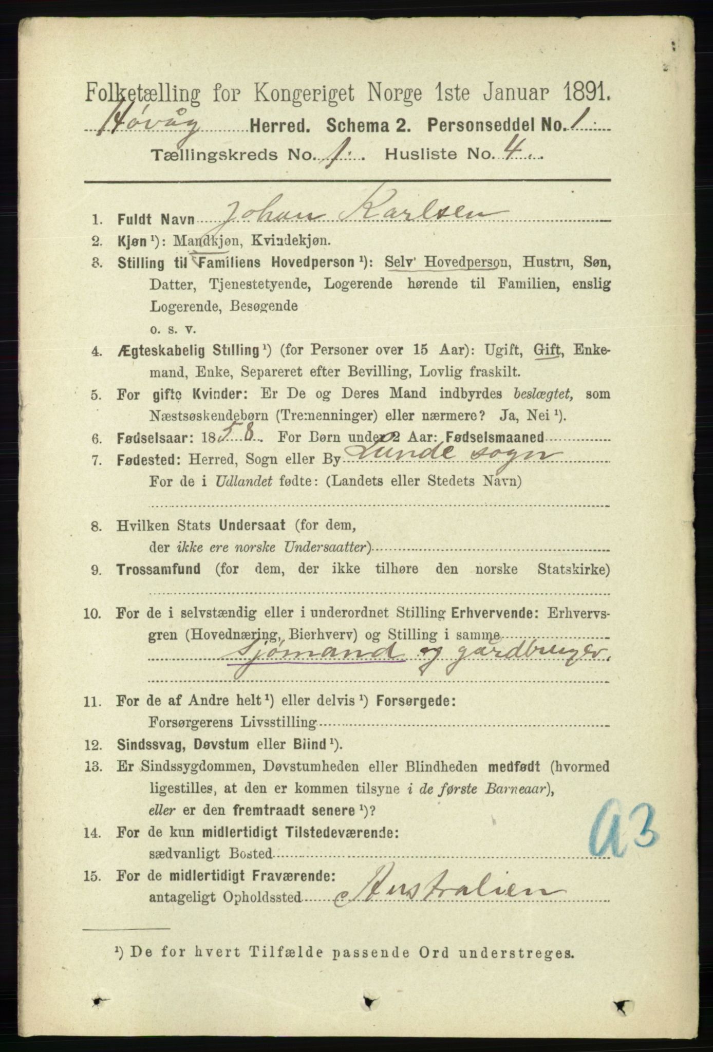 RA, 1891 census for 0927 Høvåg, 1891, p. 106