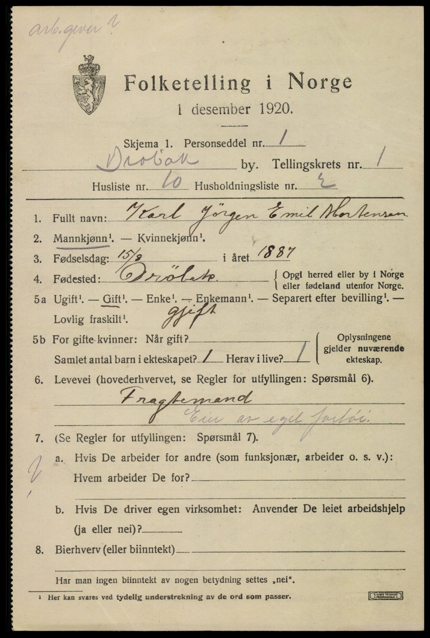 SAO, 1920 census for Drøbak, 1920, p. 2103