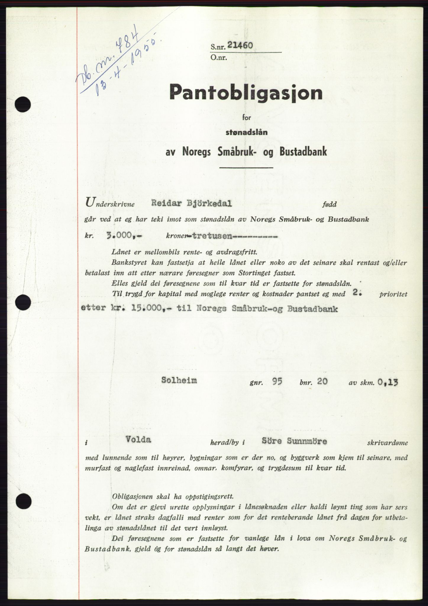 Søre Sunnmøre sorenskriveri, AV/SAT-A-4122/1/2/2C/L0126: Mortgage book no. 14B, 1954-1955, Diary no: : 784/1955