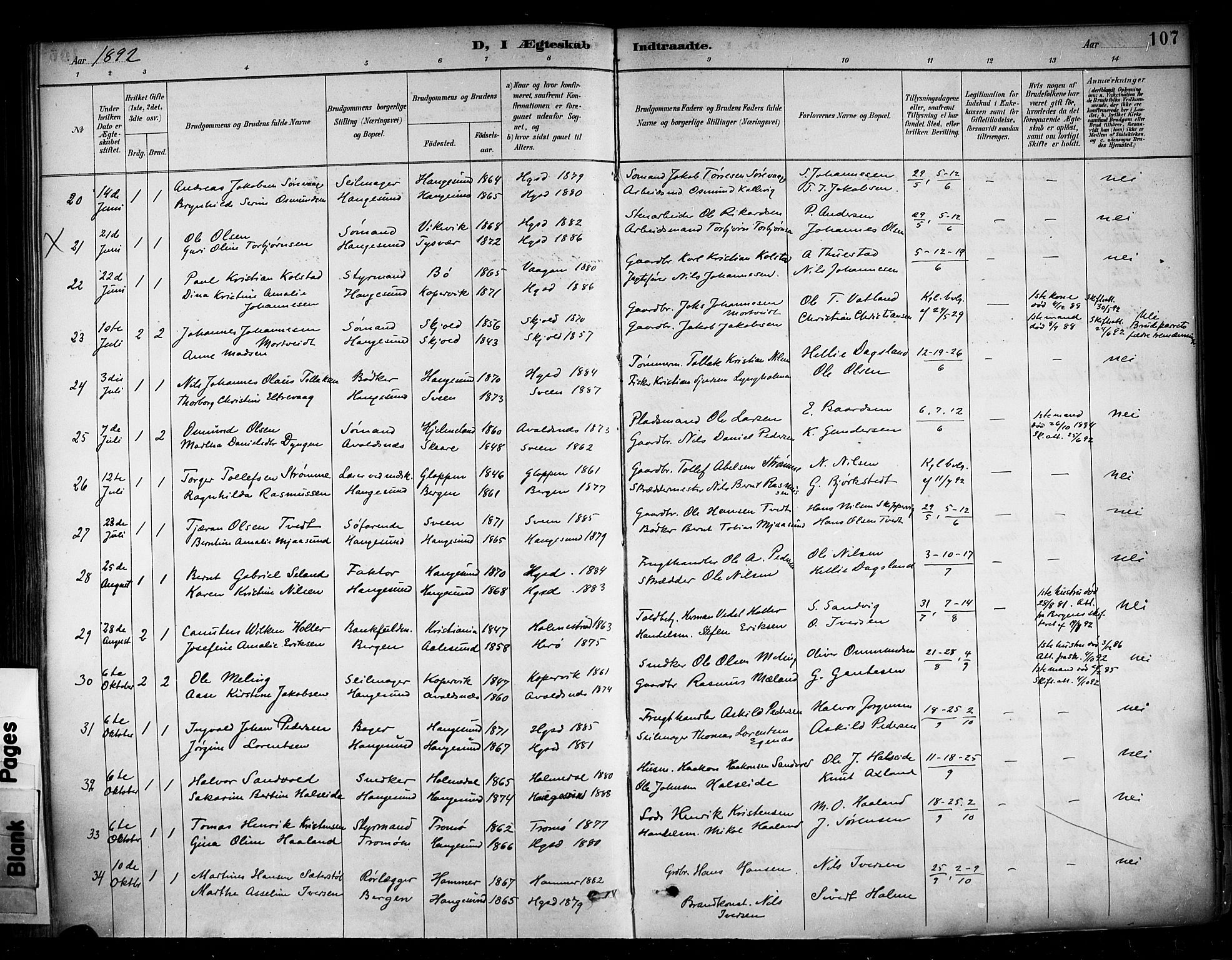 Haugesund sokneprestkontor, AV/SAST-A -101863/H/Ha/Haa/L0005: Parish register (official) no. A 5, 1891-1903, p. 107