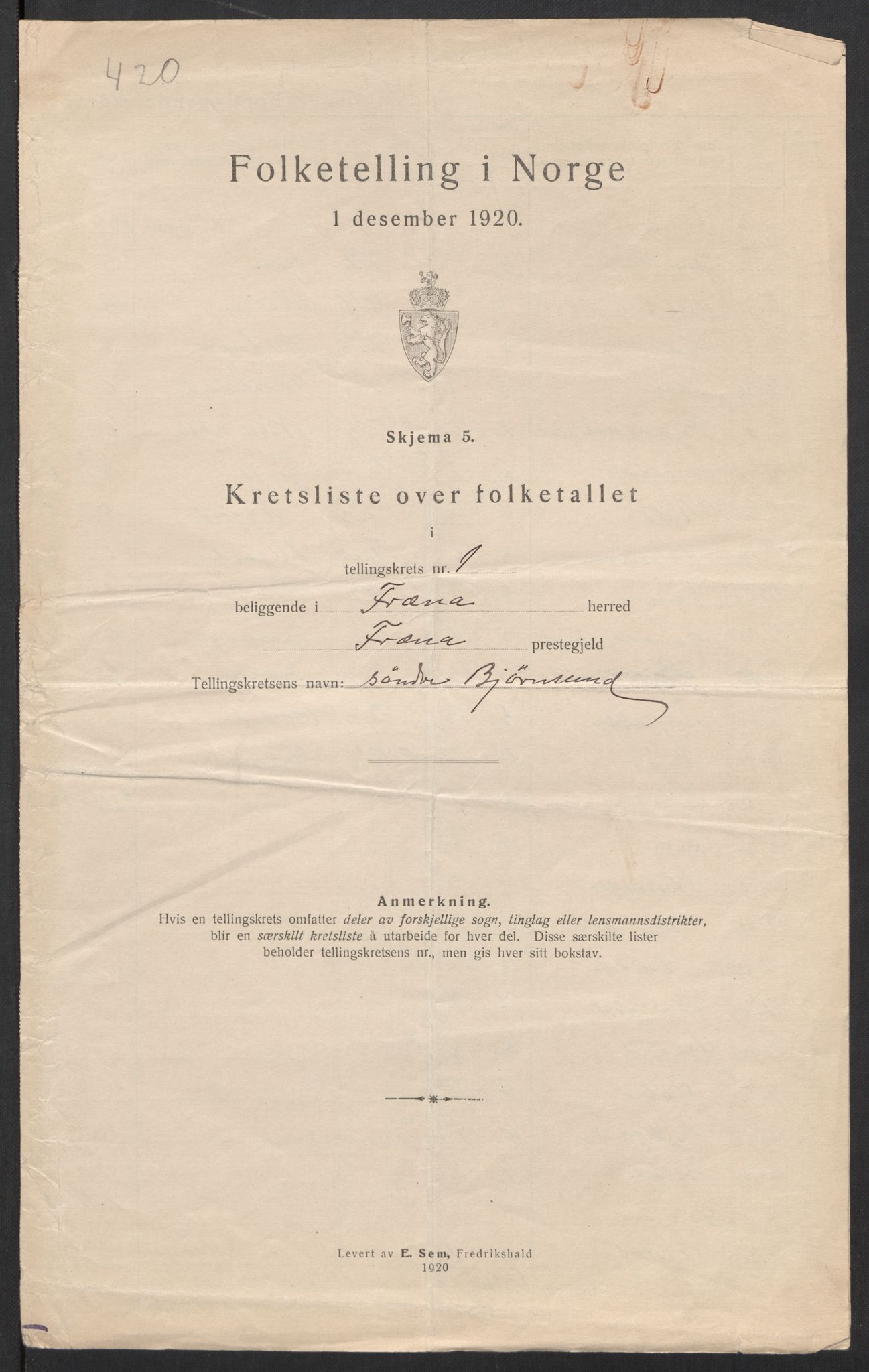 SAT, 1920 census for Fræna, 1920, p. 6