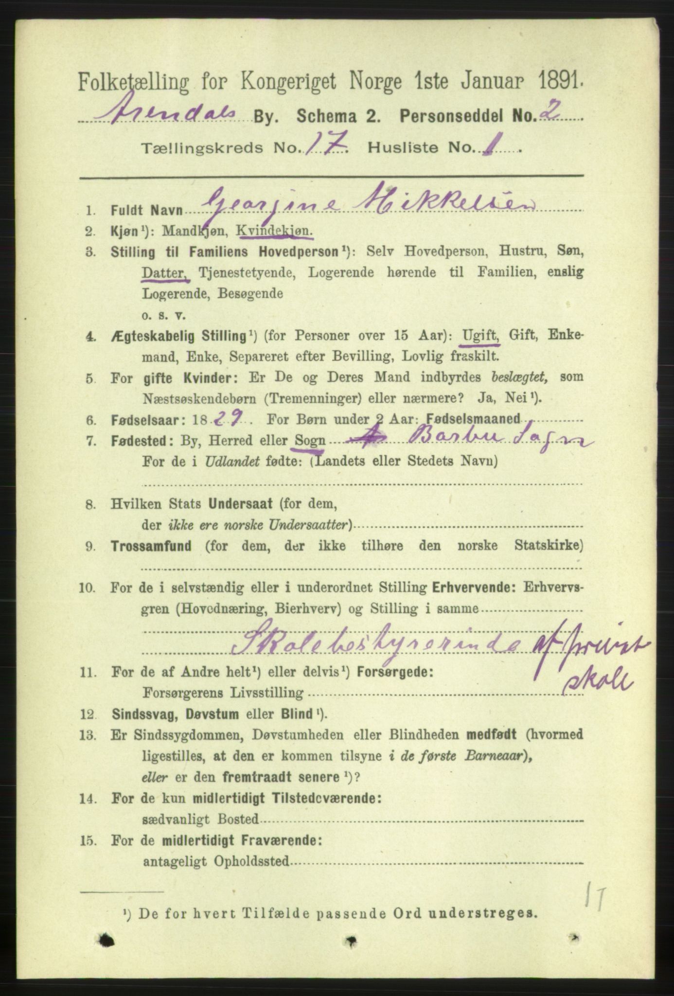 RA, 1891 census for 0903 Arendal, 1891, p. 5586