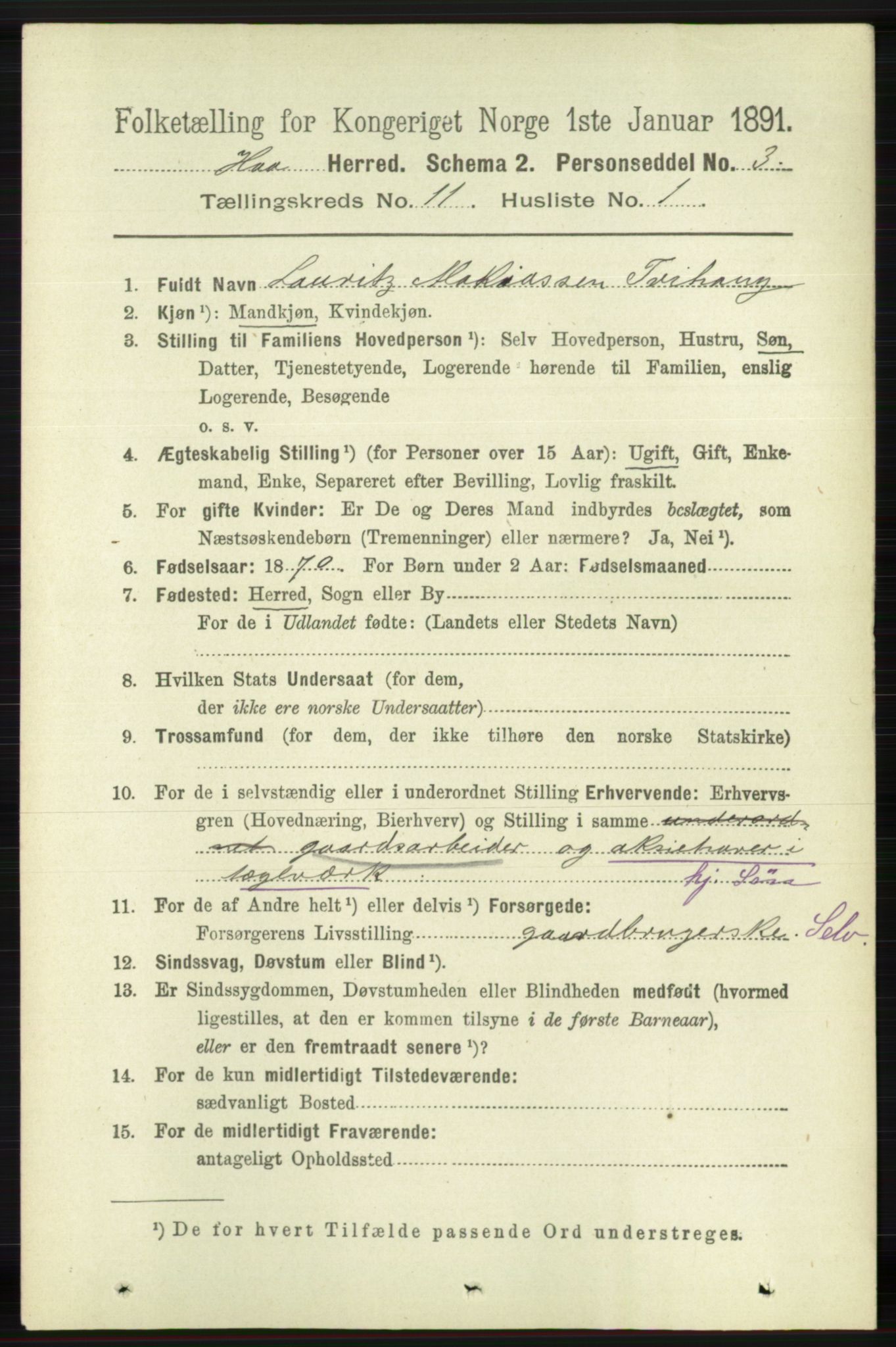 RA, 1891 census for 1119 Hå, 1891, p. 2631