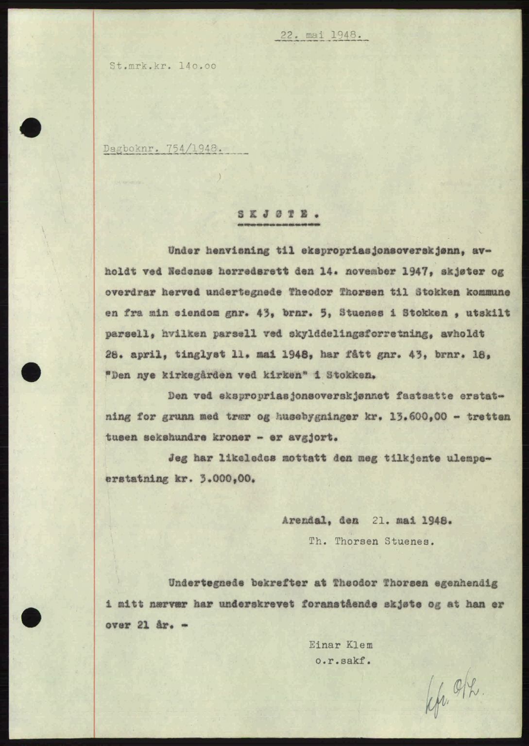 Nedenes sorenskriveri, SAK/1221-0006/G/Gb/Gba/L0059: Mortgage book no. A11, 1948-1948, Diary no: : 754/1948