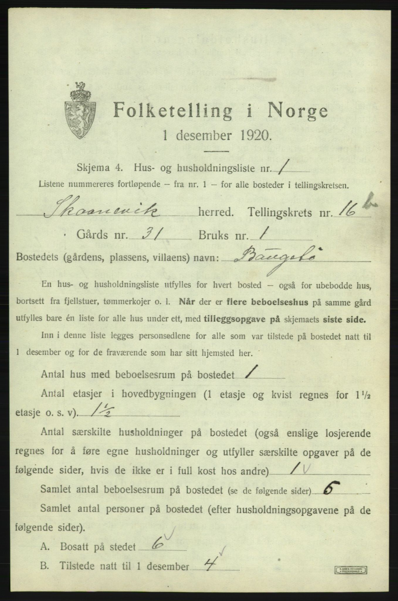 SAB, 1920 census for Skånevik, 1920, p. 1617