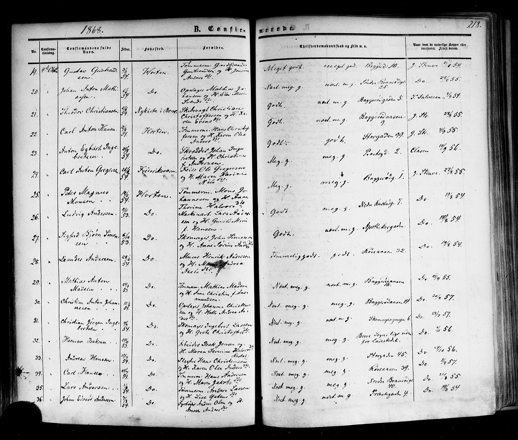 Horten kirkebøker, AV/SAKO-A-348/F/Fa/L0001: Parish register (official) no. 1, 1855-1871, p. 218