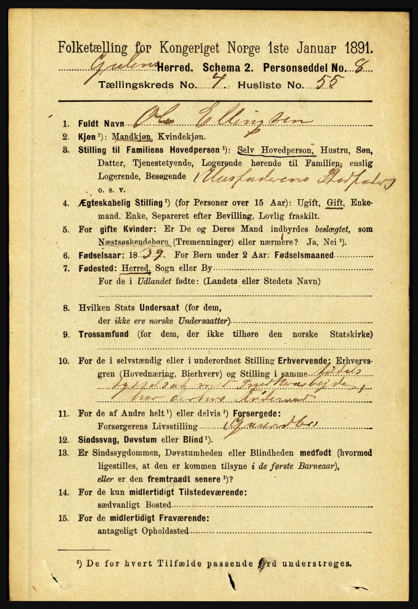 RA, 1891 census for 1411 Gulen, 1891, p. 1614