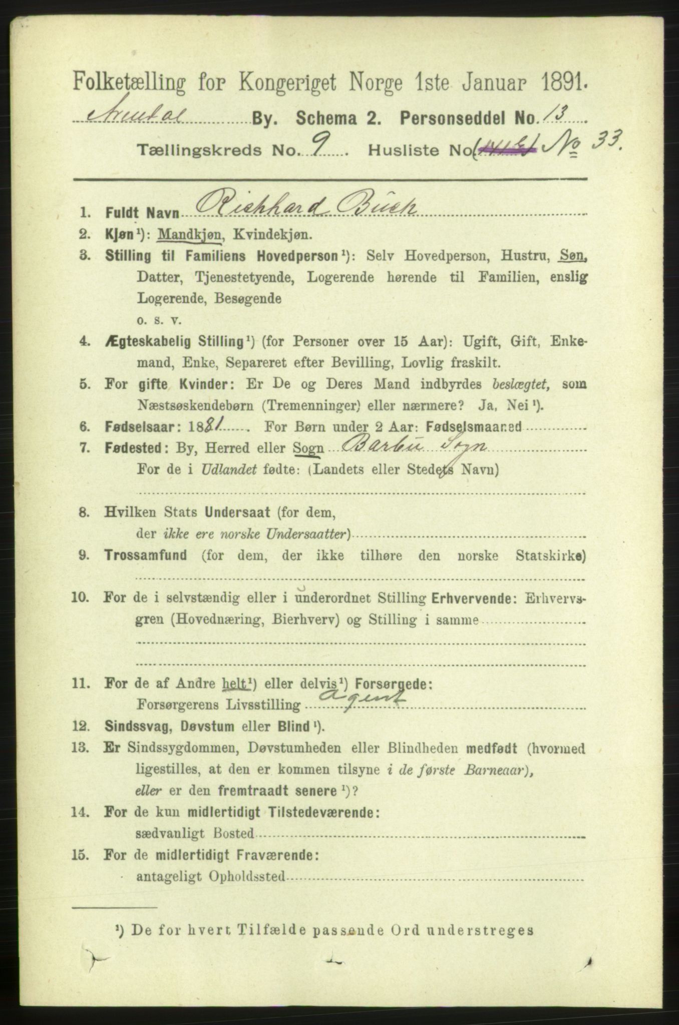 RA, 1891 census for 0903 Arendal, 1891, p. 3629