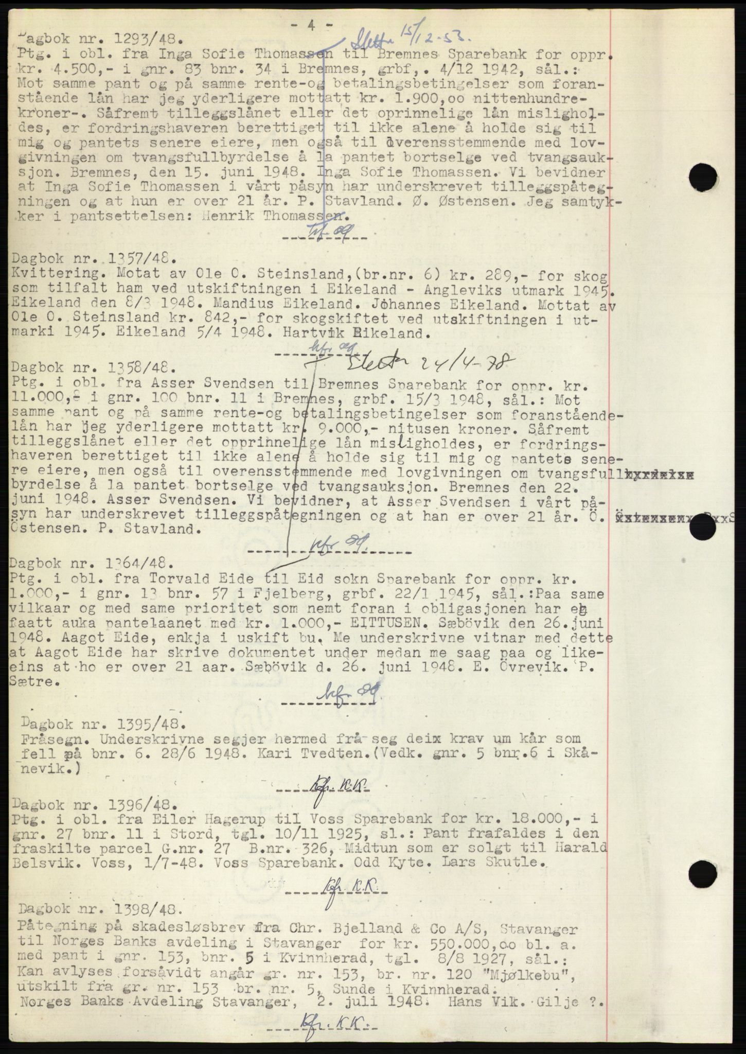 Sunnhordland sorenskrivar, AV/SAB-A-2401: Mortgage book no. B75-79, 1948-1950, Diary no: : 1293/1948