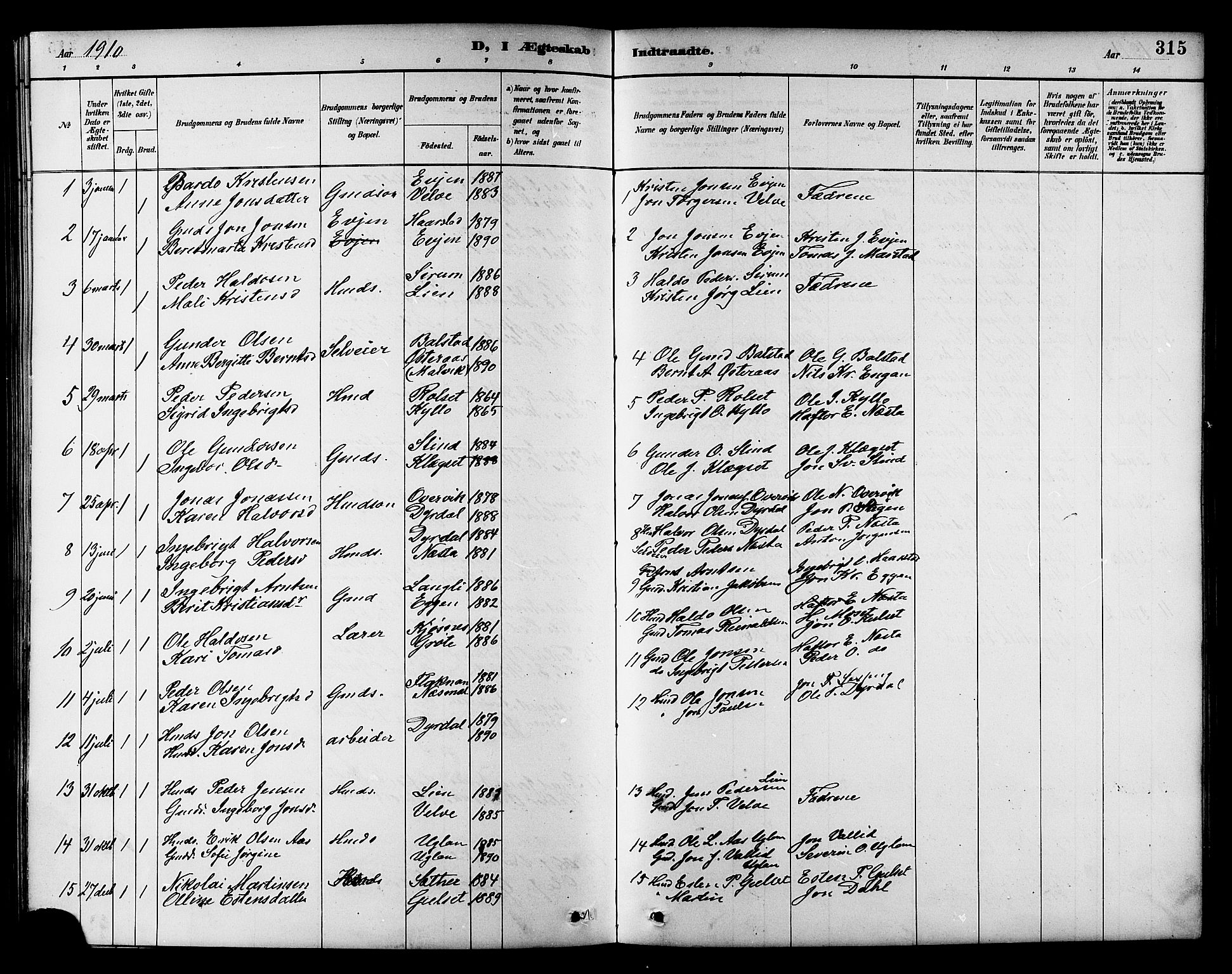 Ministerialprotokoller, klokkerbøker og fødselsregistre - Sør-Trøndelag, SAT/A-1456/695/L1157: Parish register (copy) no. 695C08, 1889-1913, p. 315