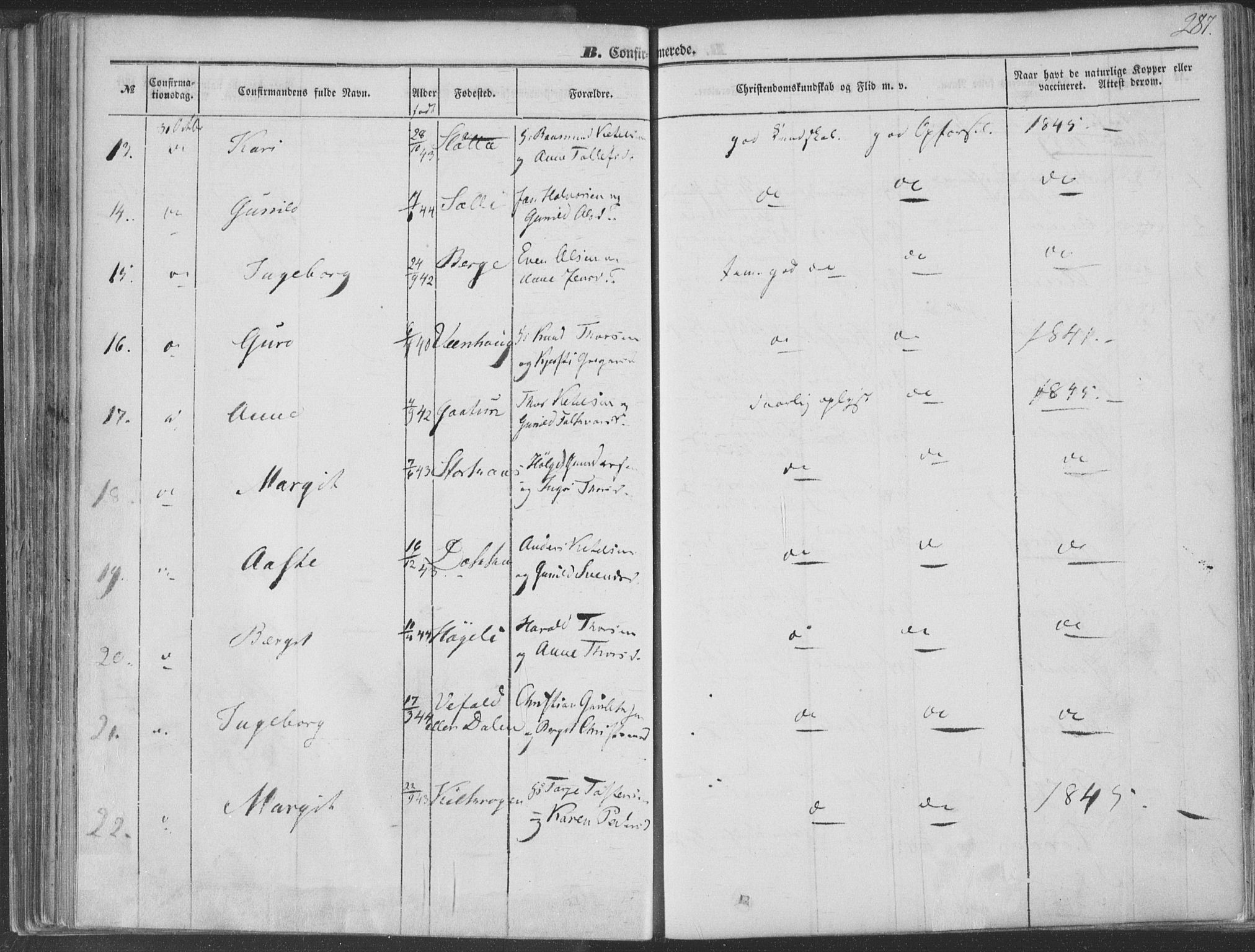 Seljord kirkebøker, AV/SAKO-A-20/F/Fa/L012b: Parish register (official) no. I 12B, 1850-1865, p. 287