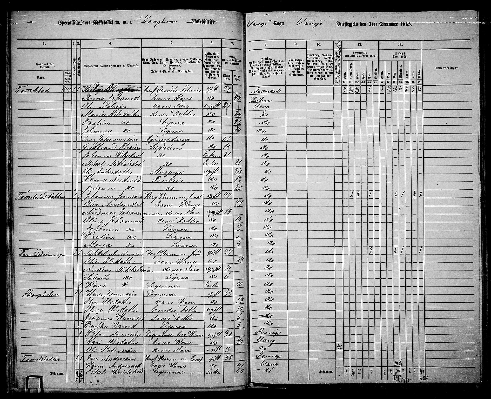 RA, 1865 census for Vang/Vang og Furnes, 1865, p. 175