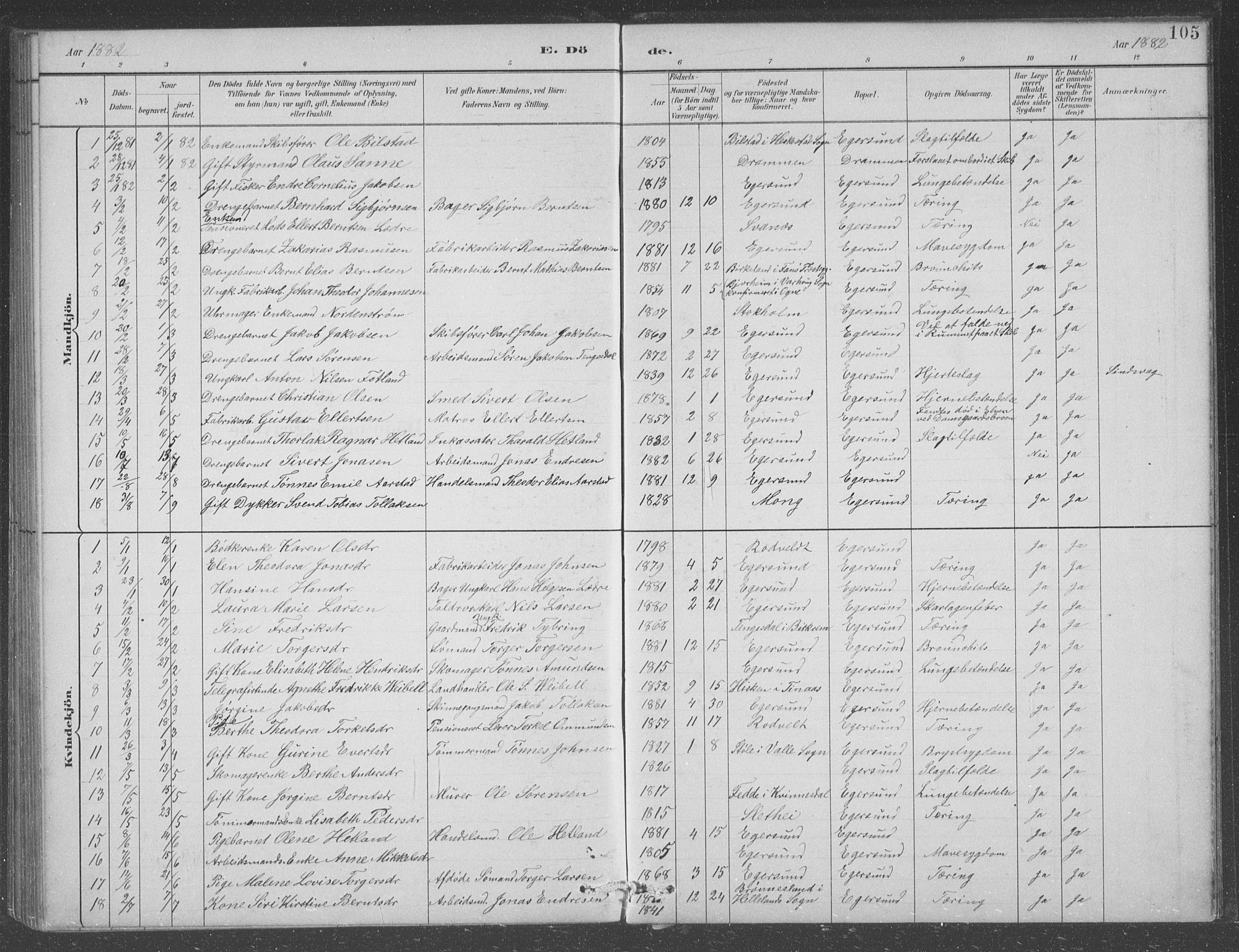 Eigersund sokneprestkontor, AV/SAST-A-101807/S09/L0008: Parish register (copy) no. B 8, 1882-1892, p. 105