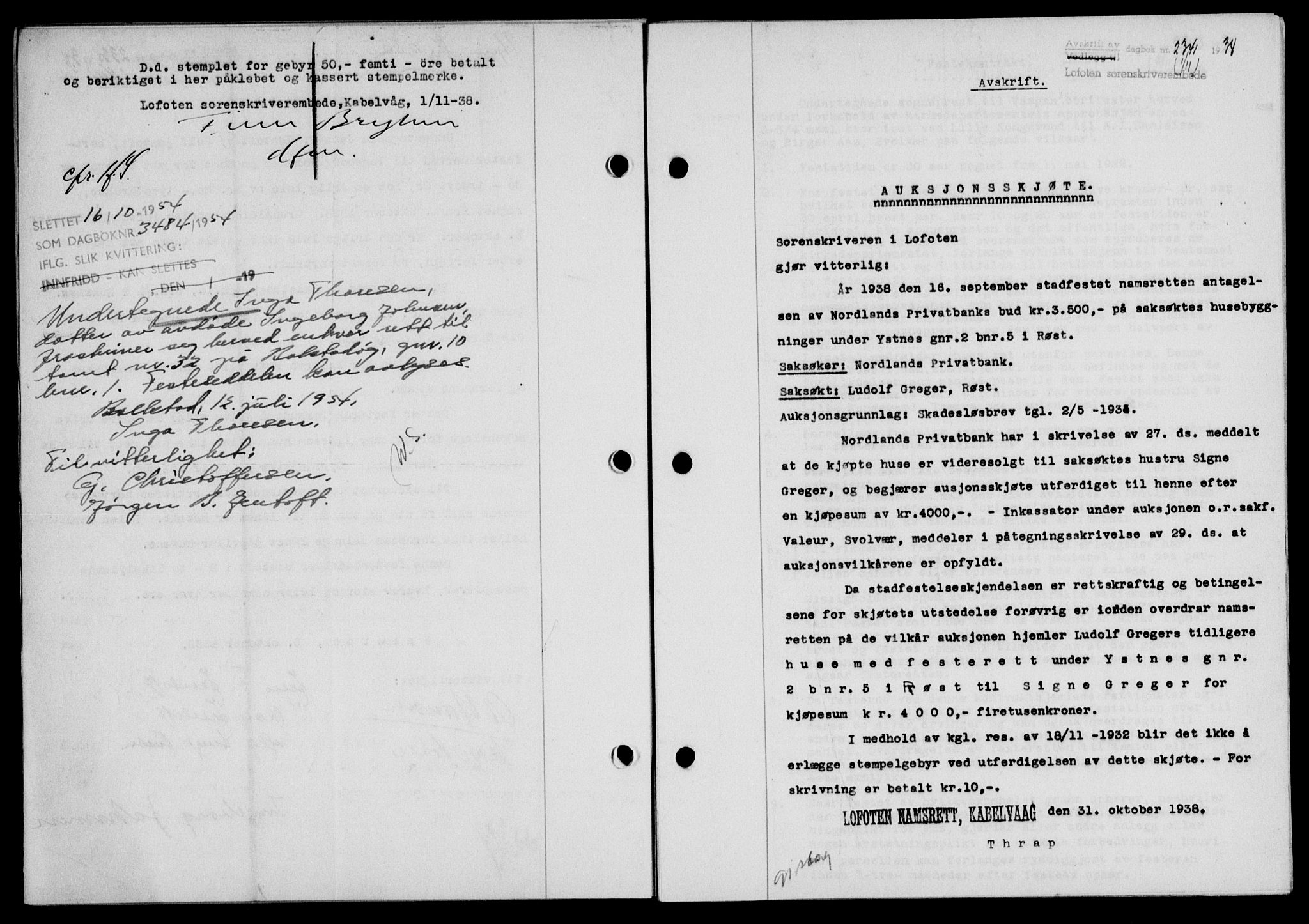 Lofoten sorenskriveri, SAT/A-0017/1/2/2C/L0004a: Mortgage book no. 4a, 1938-1938, Diary no: : 2341/1938