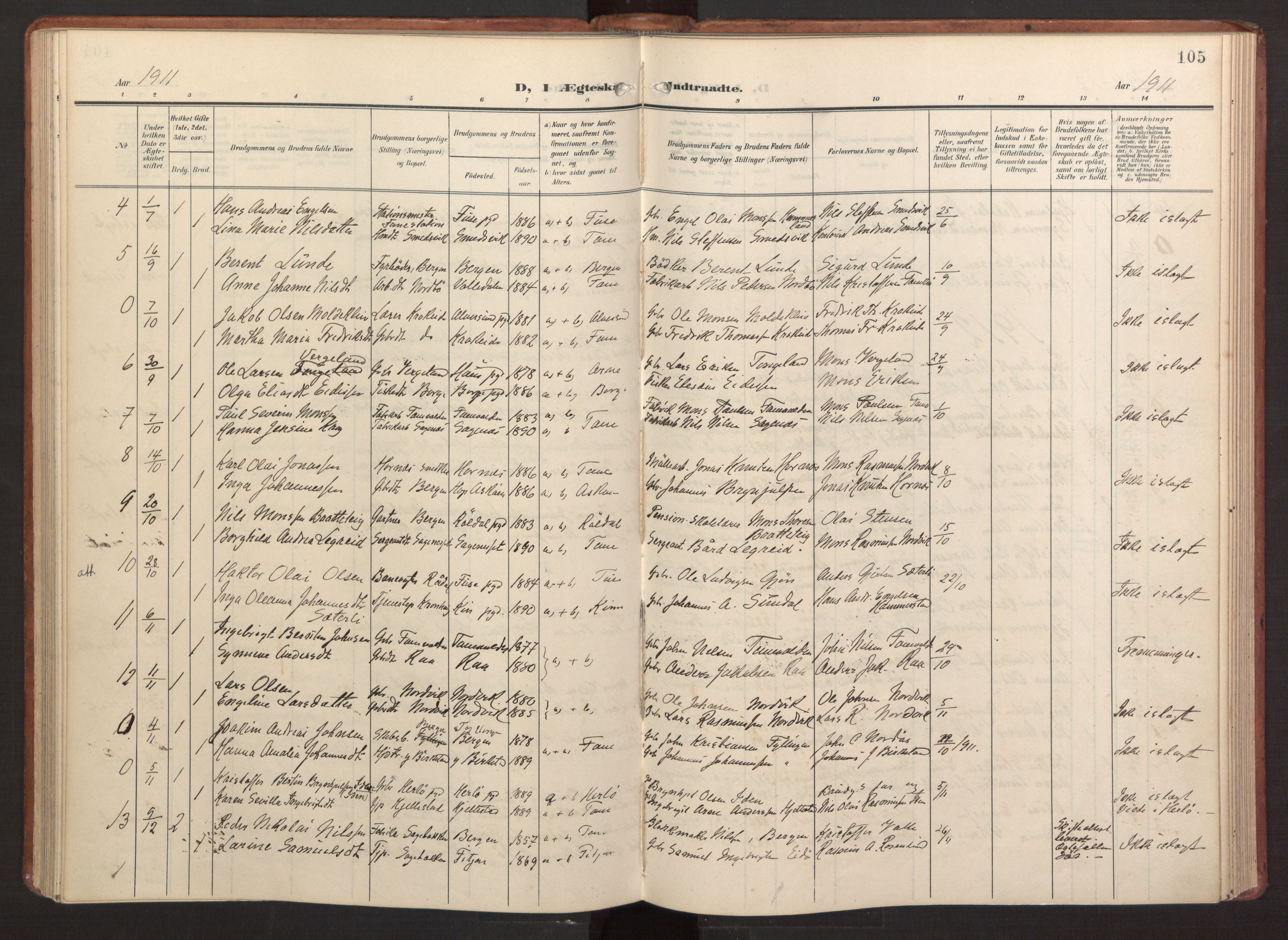 Fana Sokneprestembete, AV/SAB-A-75101/H/Haa/Haab/L0004: Parish register (official) no. B 4, 1908-1915, p. 105