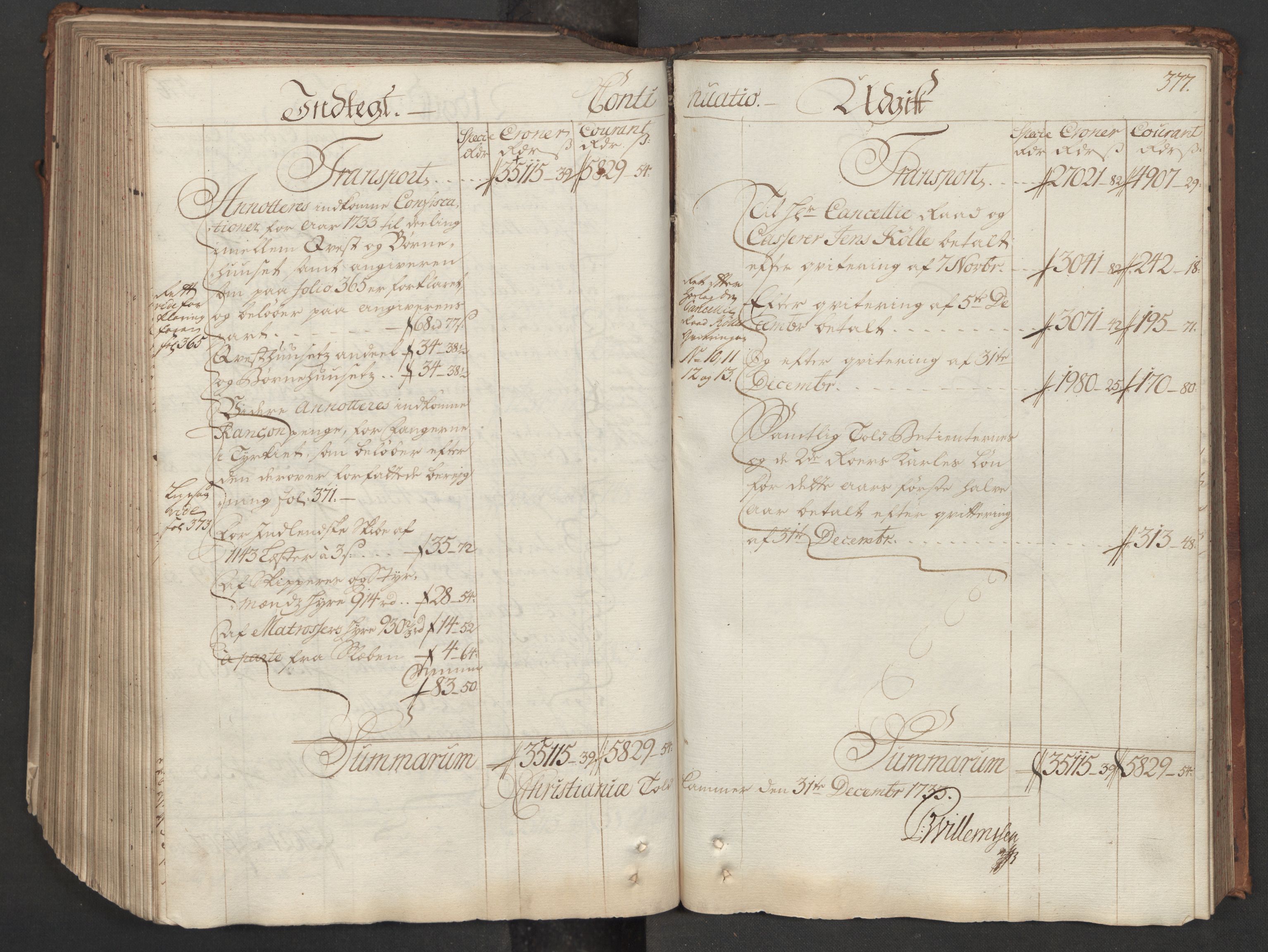 Generaltollkammeret, tollregnskaper, AV/RA-EA-5490/R06/L0015/0001: Tollregnskaper Kristiania / Hovedtollbok, 1733, p. 376b-377a