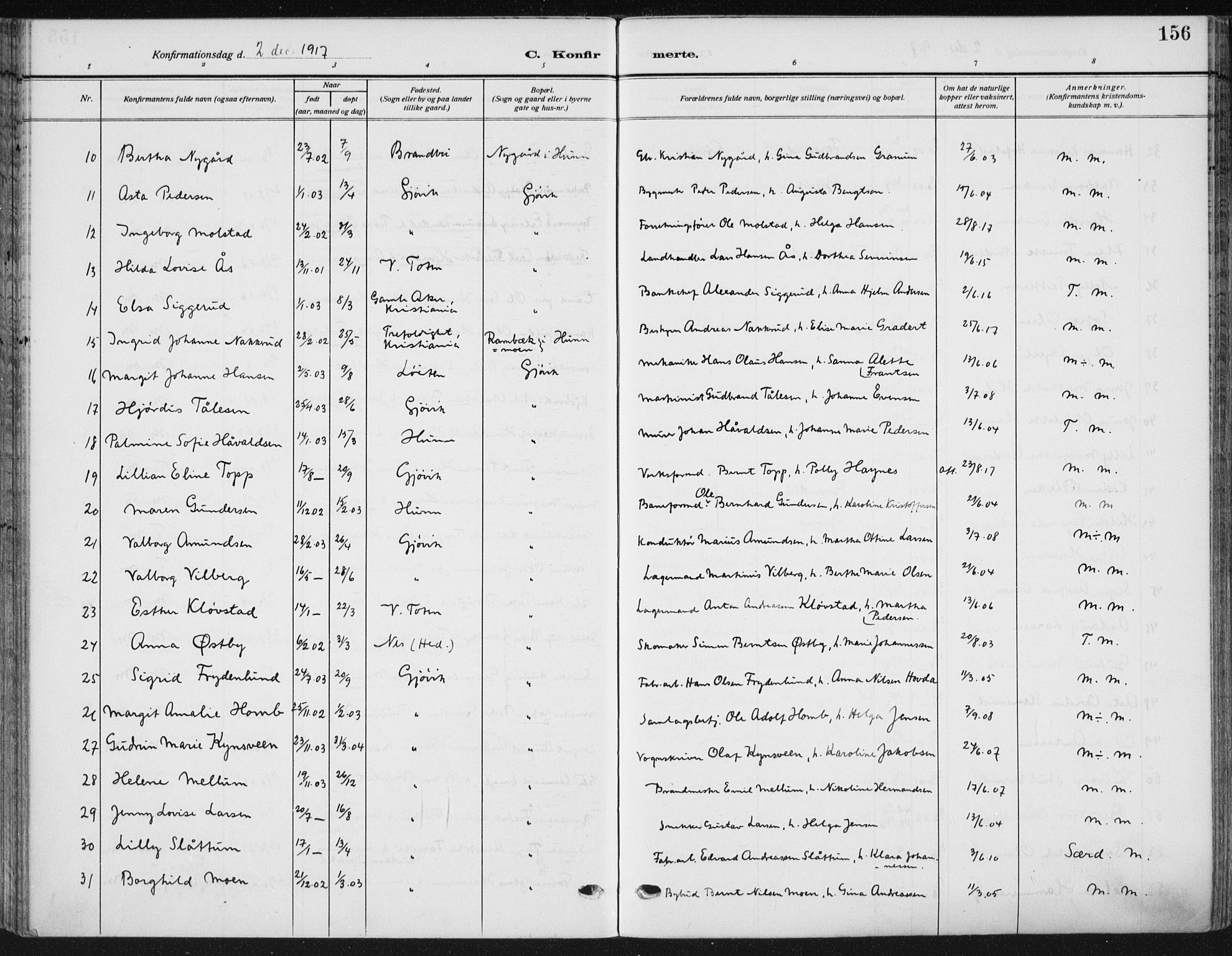 Vardal prestekontor, AV/SAH-PREST-100/H/Ha/Haa/L0014: Parish register (official) no. 14, 1912-1922, p. 156