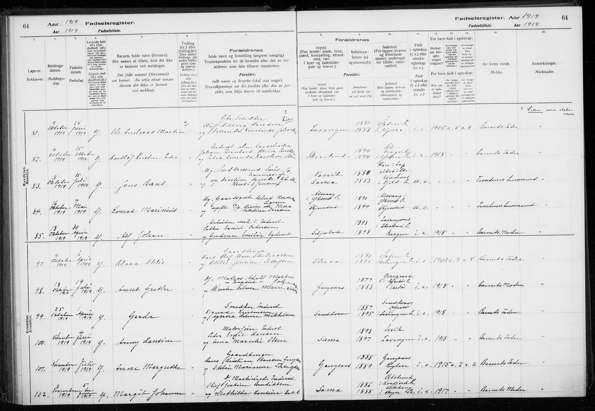 Trondenes sokneprestkontor, AV/SATØ-S-1319/I/Ia/L0089: Birth register no. 89, 1916-1925, p. 64