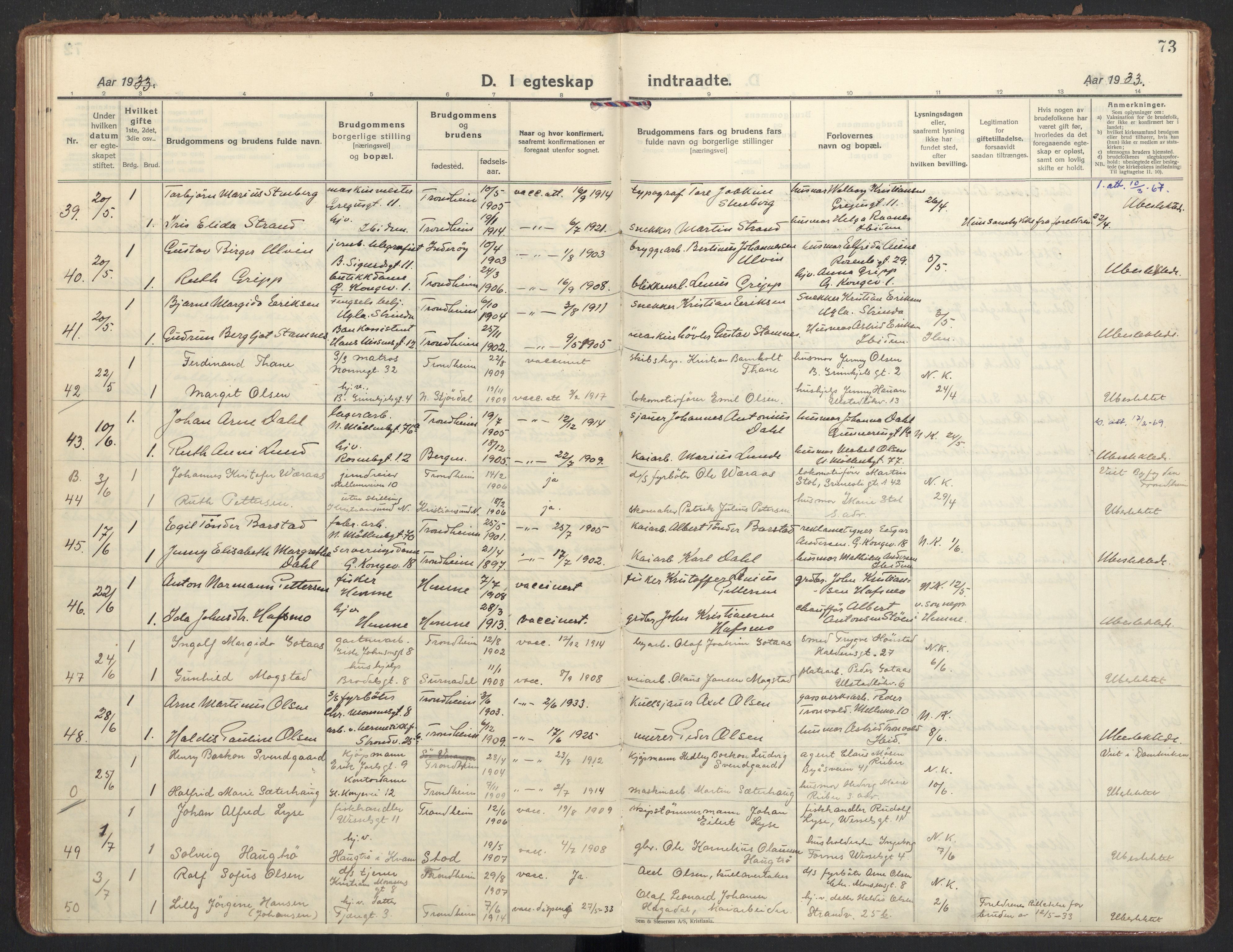 Ministerialprotokoller, klokkerbøker og fødselsregistre - Sør-Trøndelag, AV/SAT-A-1456/605/L0249: Parish register (official) no. 605A11, 1925-1936, p. 73