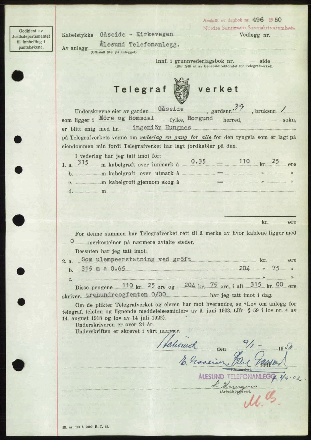 Nordre Sunnmøre sorenskriveri, AV/SAT-A-0006/1/2/2C/2Ca: Mortgage book no. A33, 1949-1950, Diary no: : 496/1950