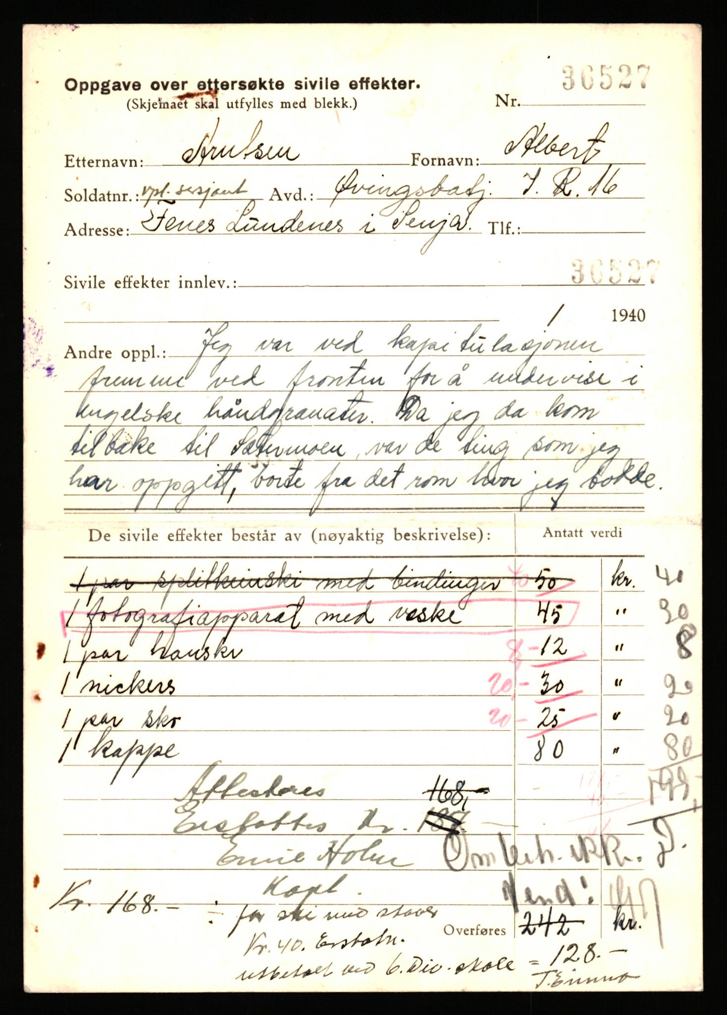 Justisdepartementet, Oppgjørsavdelingen, AV/RA-S-1056/G/Gb/L0004: Oppgaver over ettersøkte sivile effekter: Arntsen - Avset, 1940-1942, p. 3