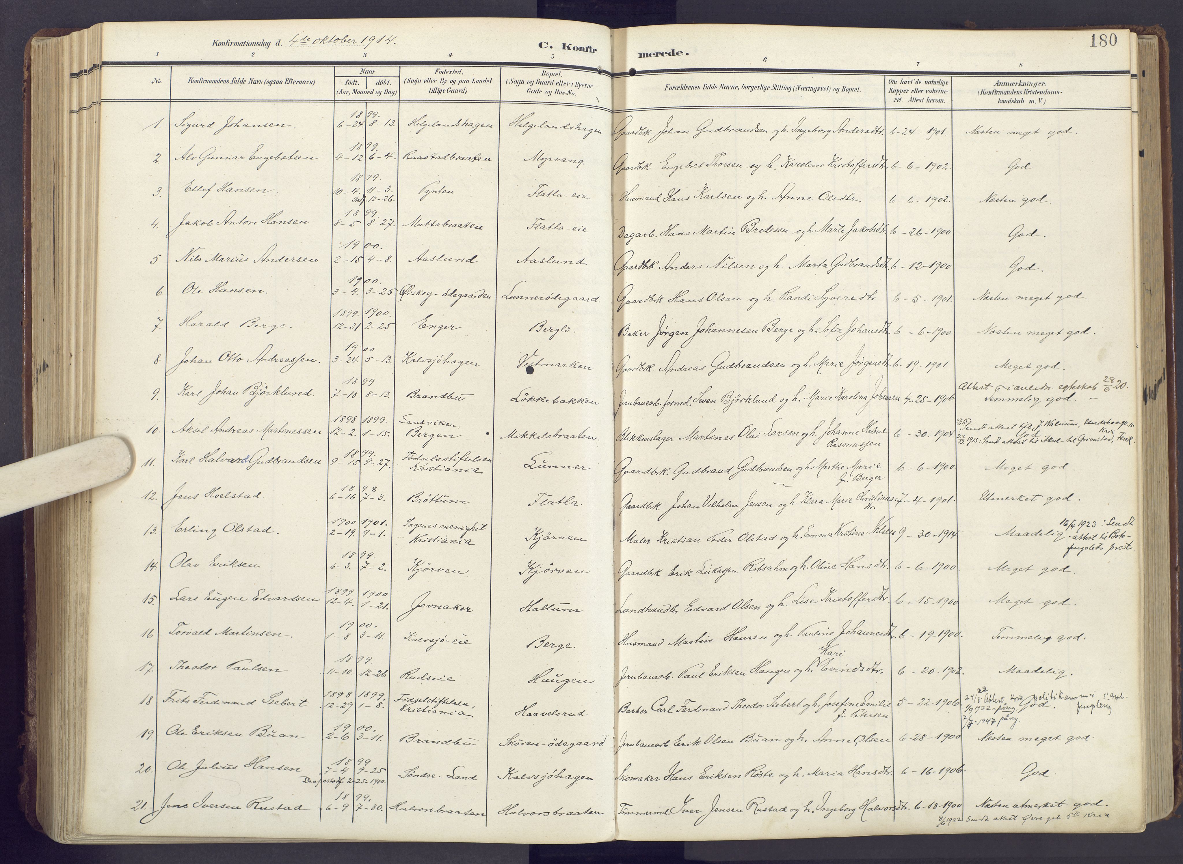 Lunner prestekontor, AV/SAH-PREST-118/H/Ha/Haa/L0001: Parish register (official) no. 1, 1907-1922, p. 180