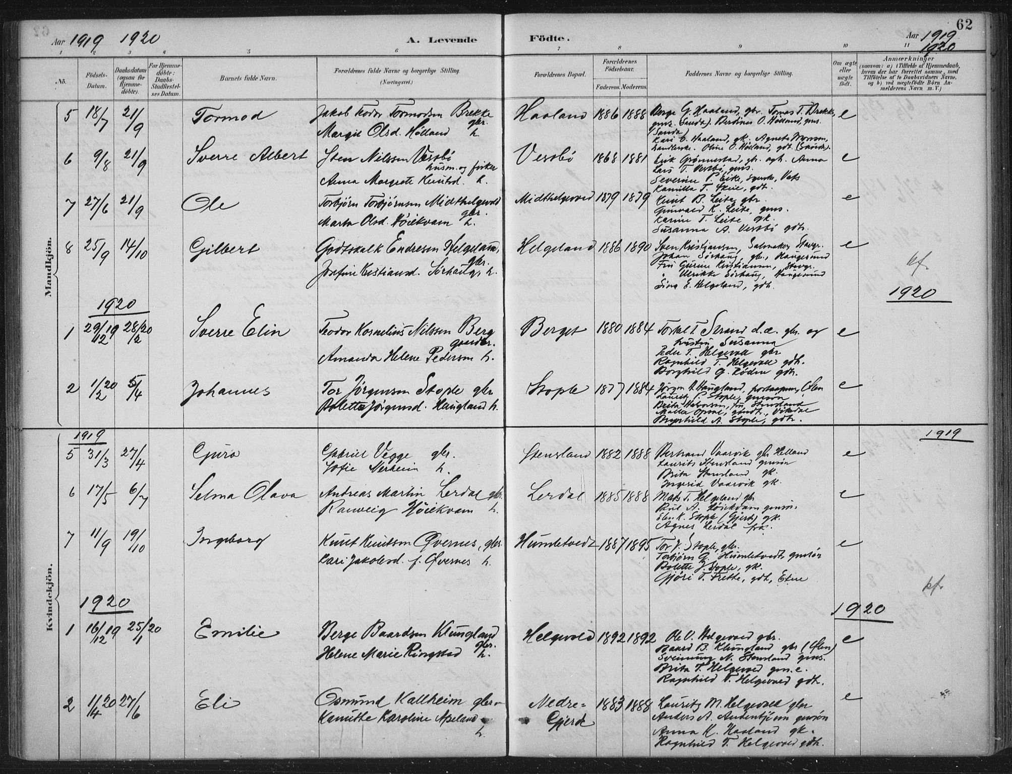 Vikedal sokneprestkontor, SAST/A-101840/01/IV: Parish register (official) no. A 11, 1884-1933, p. 62