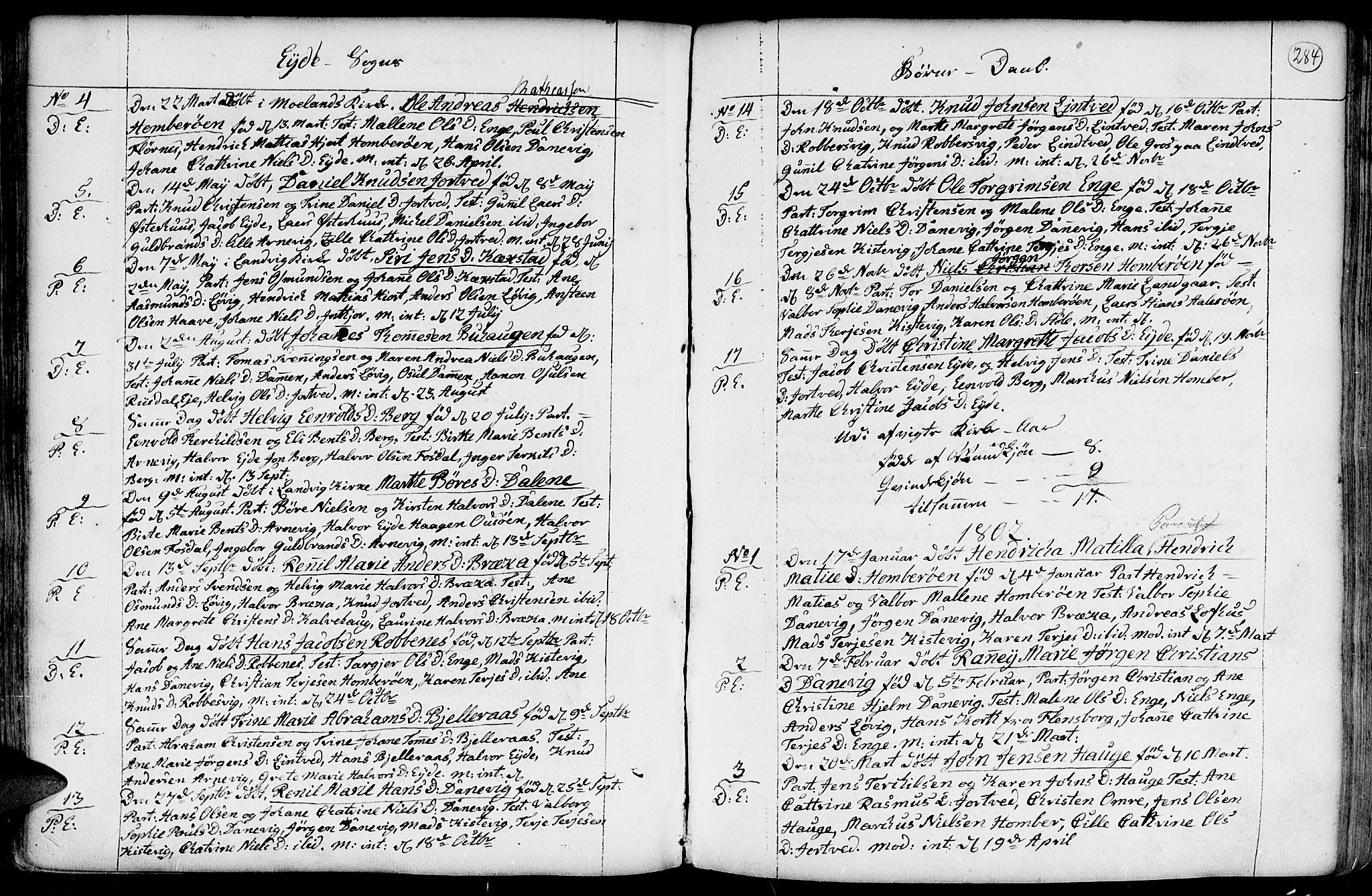 Hommedal sokneprestkontor, SAK/1111-0023/F/Fa/Fab/L0002: Parish register (official) no. A 2 /2, 1740-1823, p. 284