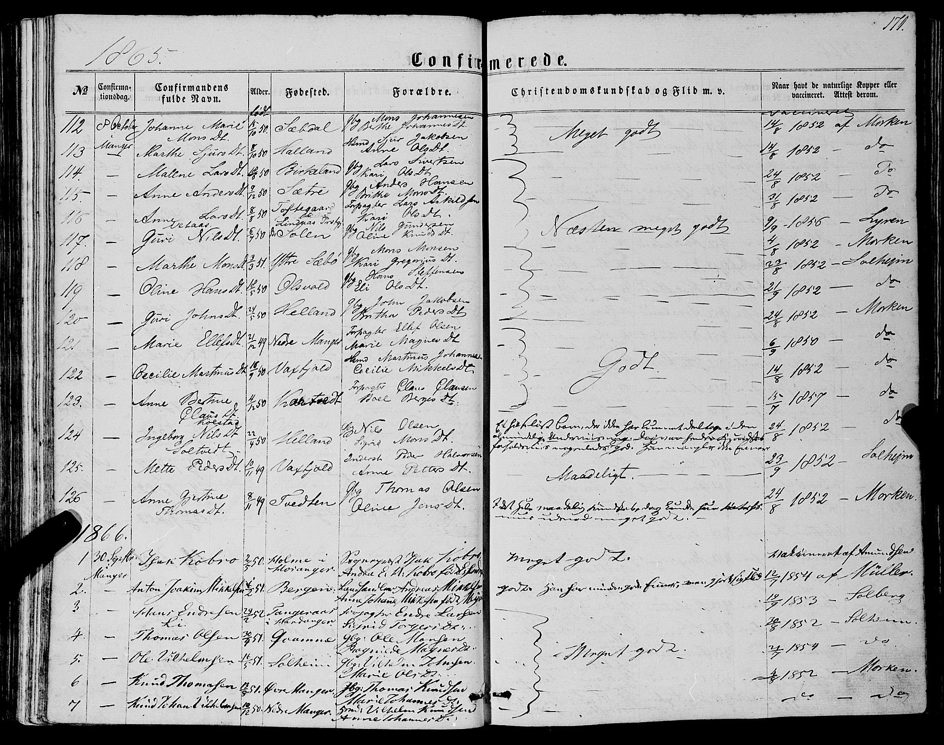 Manger sokneprestembete, SAB/A-76801/H/Haa: Parish register (official) no. A 7, 1860-1870, p. 171