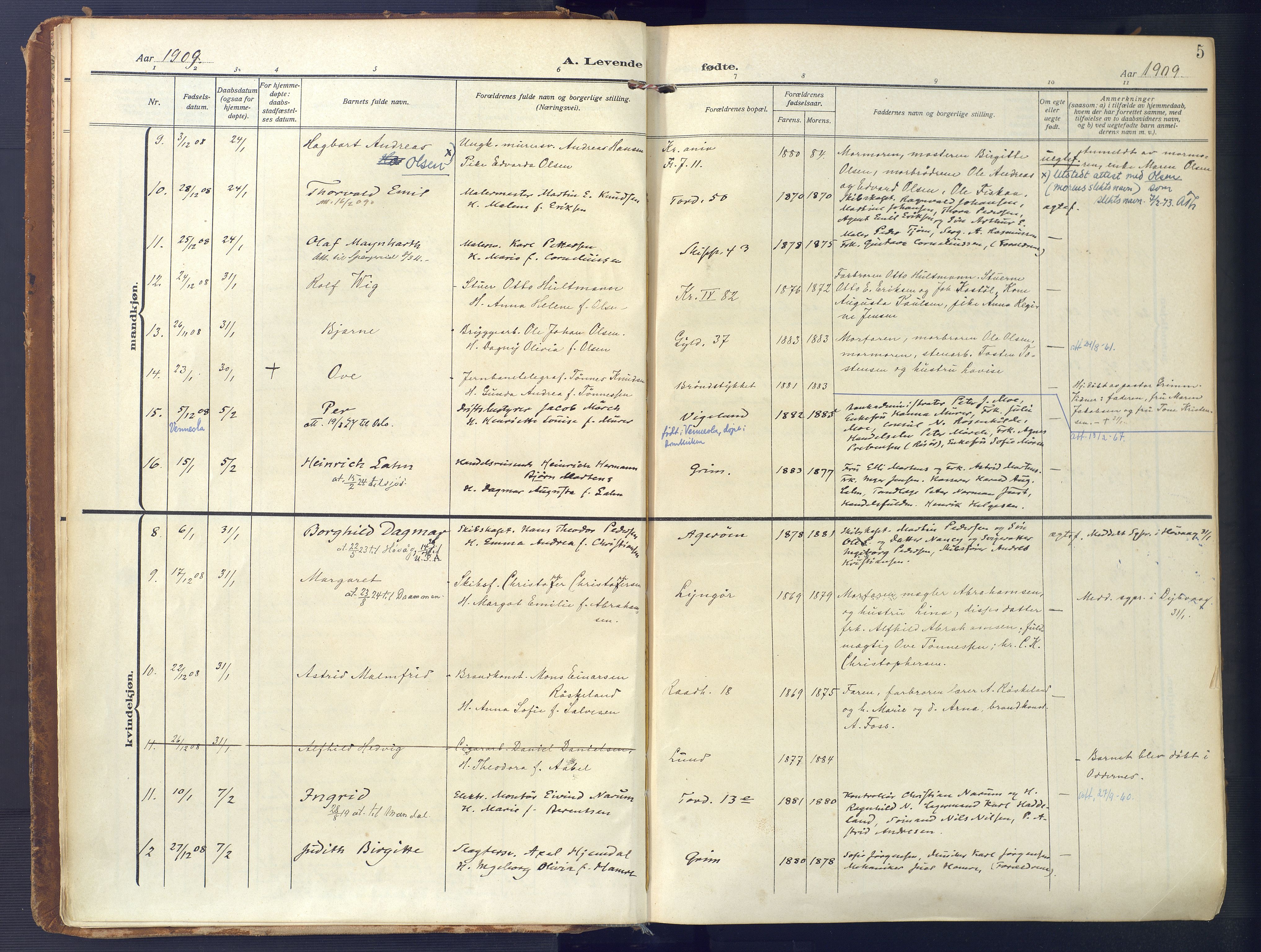 Kristiansand domprosti, SAK/1112-0006/F/Fa/L0023: Parish register (official) no. A 22, 1909-1917, p. 5