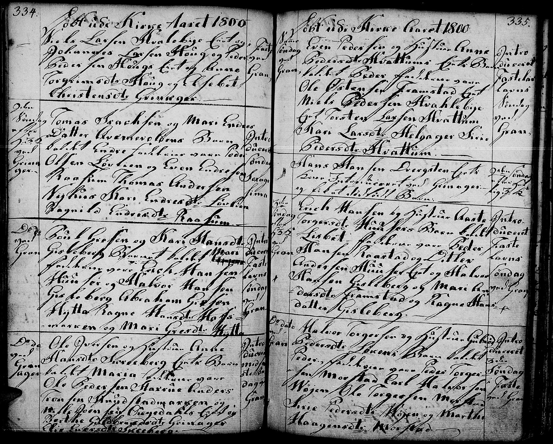 Gran prestekontor, AV/SAH-PREST-112/H/Ha/Haa/L0006: Parish register (official) no. 6, 1787-1824, p. 334-335