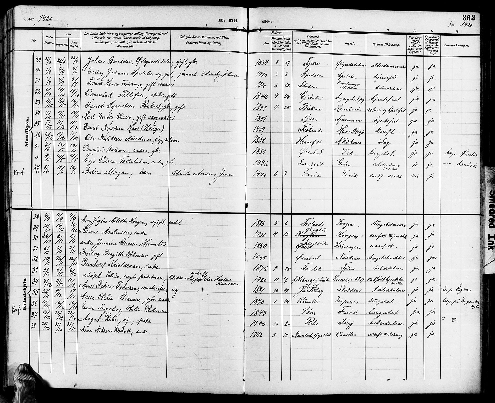 Fjære sokneprestkontor, SAK/1111-0011/F/Fb/L0012: Parish register (copy) no. B 12, 1902-1925, p. 363