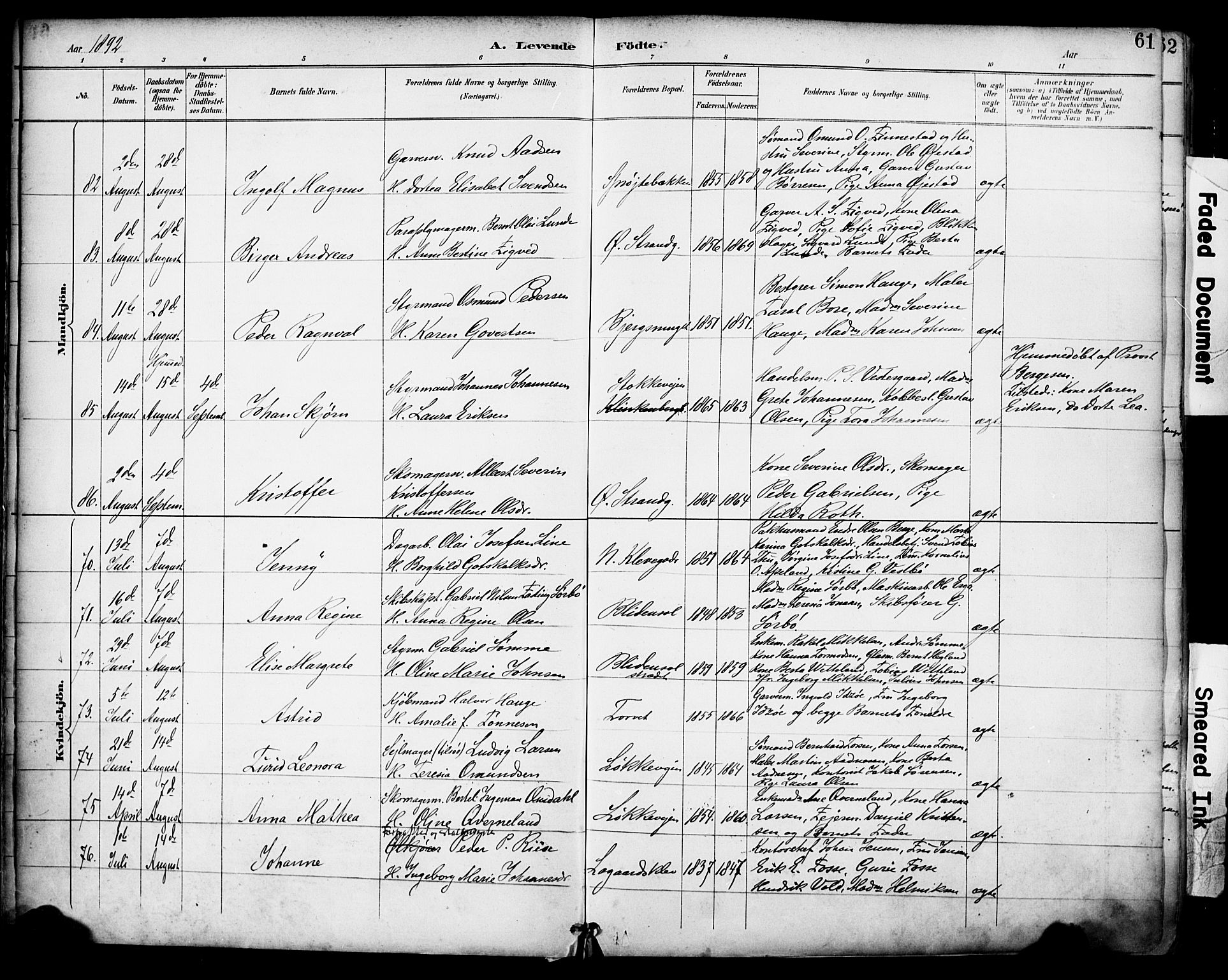 Domkirken sokneprestkontor, SAST/A-101812/001/30/30BA/L0030: Parish register (official) no. A 29, 1889-1902, p. 61