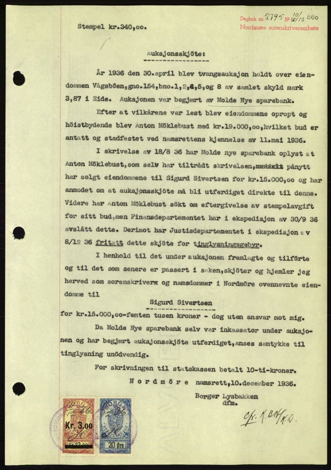 Nordmøre sorenskriveri, AV/SAT-A-4132/1/2/2Ca: Mortgage book no. A80, 1936-1937, Diary no: : 2795/1936