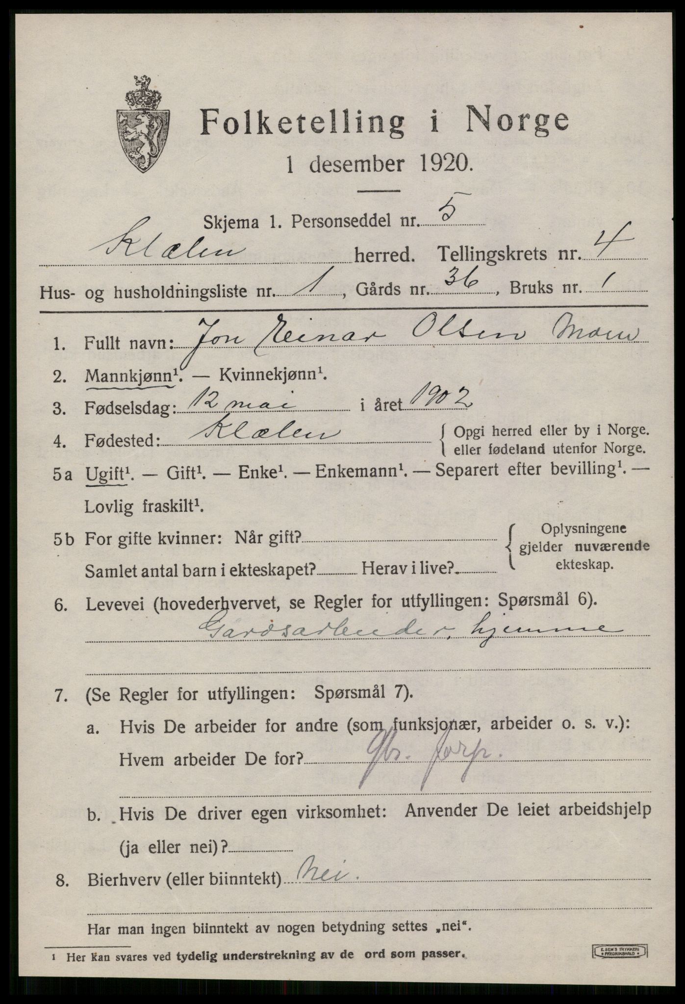 SAT, 1920 census for Klæbu, 1920, p. 2078