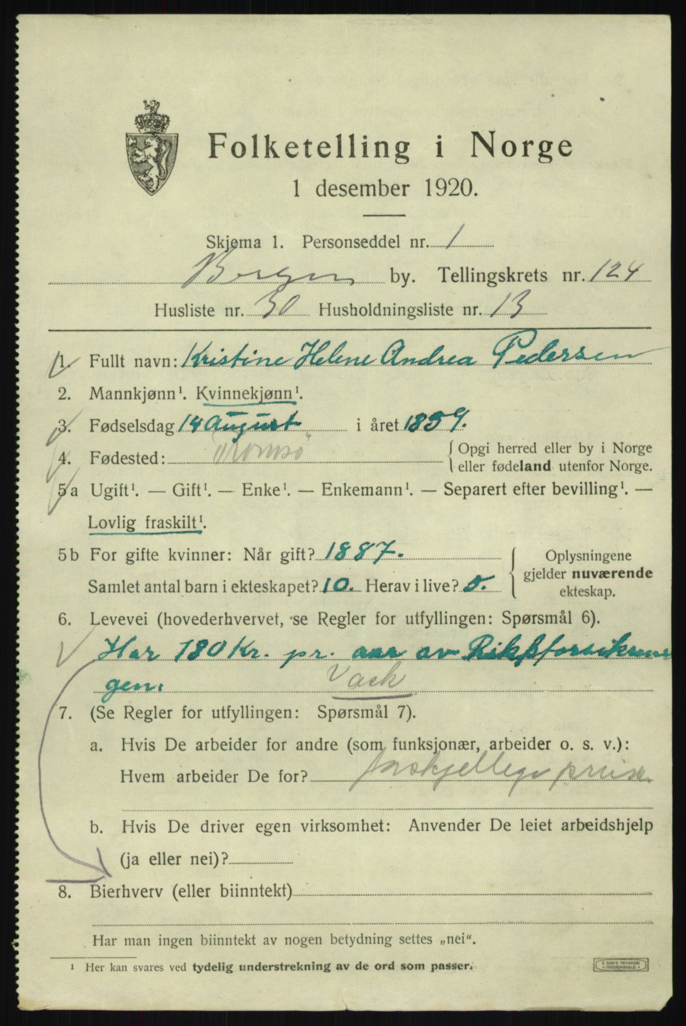 SAB, 1920 census for Bergen, 1920, p. 211062