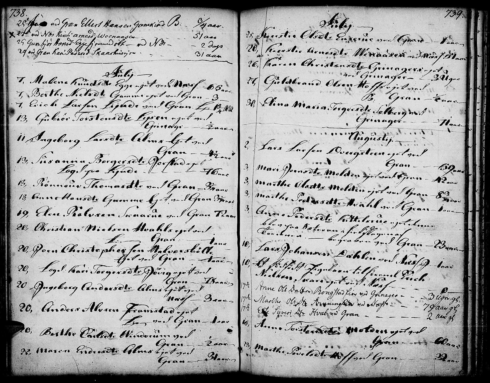 Gran prestekontor, AV/SAH-PREST-112/H/Ha/Haa/L0006: Parish register (official) no. 6, 1787-1824, p. 738-739