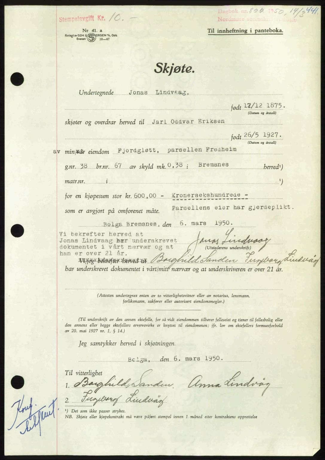 Nordmøre sorenskriveri, AV/SAT-A-4132/1/2/2Ca: Mortgage book no. A114, 1950-1950, Diary no: : 822/1950