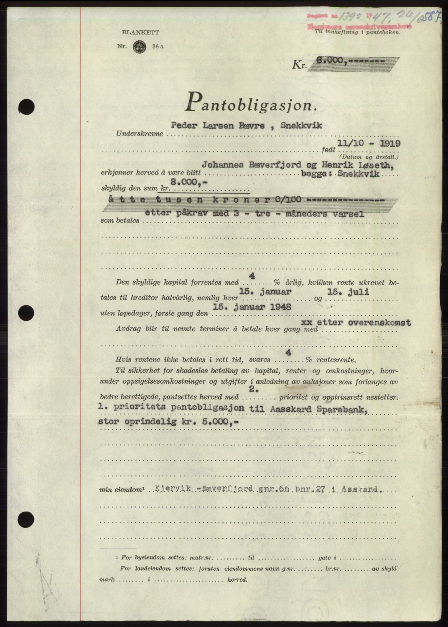 Nordmøre sorenskriveri, AV/SAT-A-4132/1/2/2Ca: Mortgage book no. B96, 1947-1947, Diary no: : 1392/1947