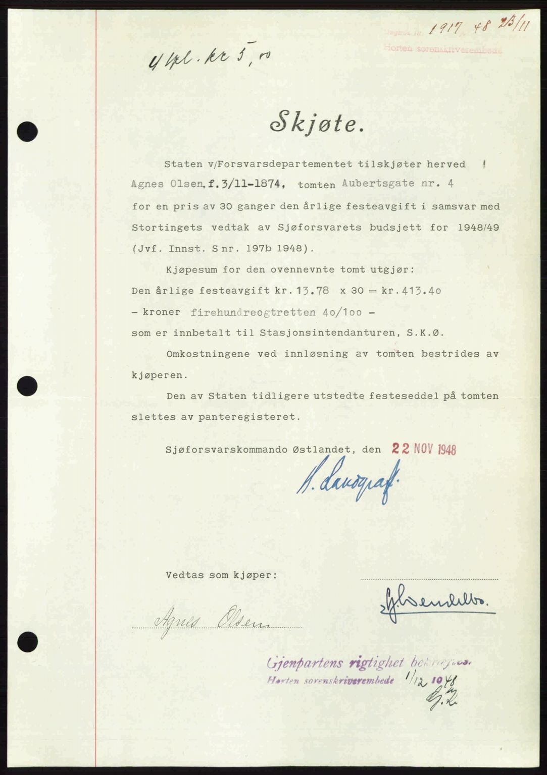 Horten sorenskriveri, AV/SAKO-A-133/G/Ga/Gaa/L0011: Mortgage book no. A-11, 1948-1948, Diary no: : 1917/1948