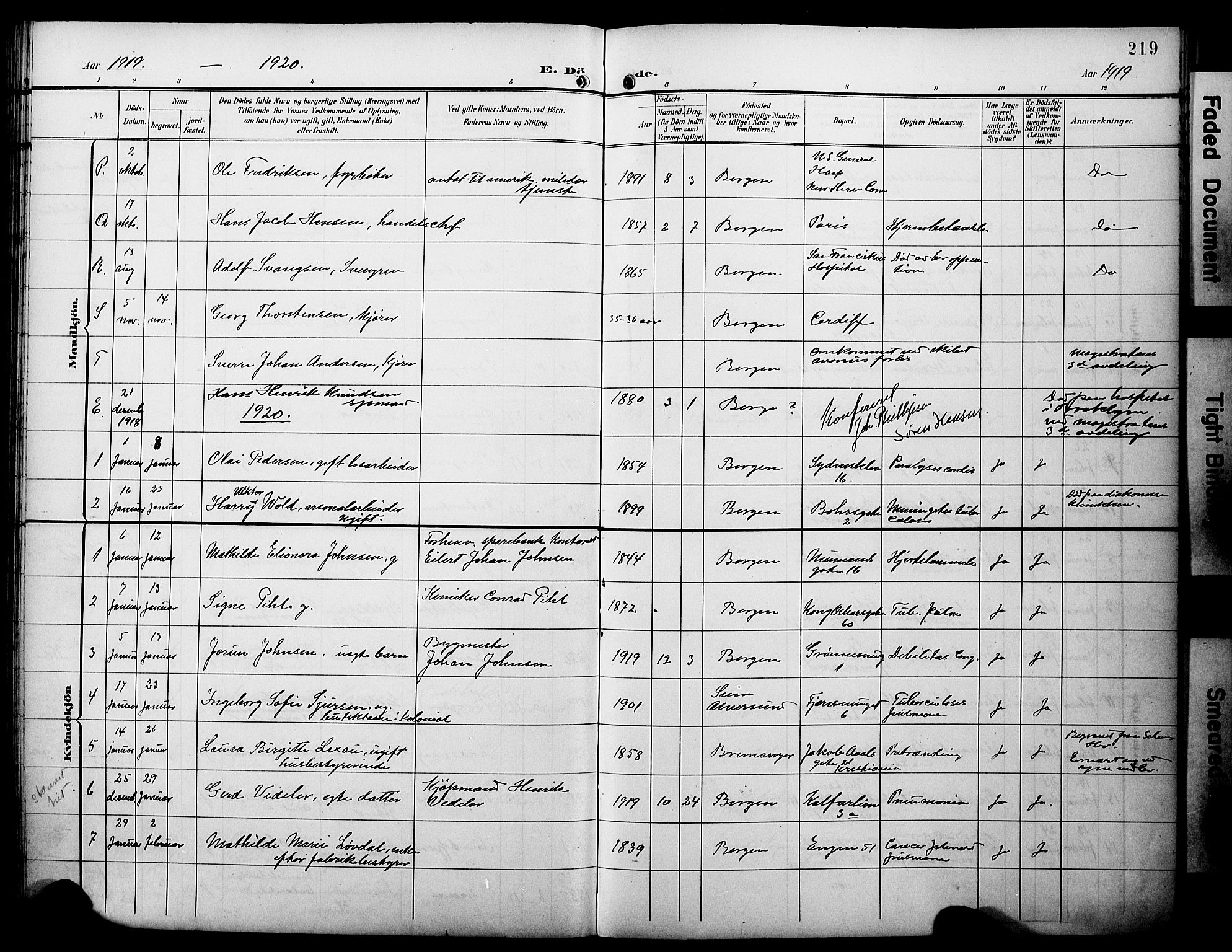 Domkirken sokneprestembete, AV/SAB-A-74801/H/Hab/L0042: Parish register (copy) no. E 6, 1900-1929, p. 219