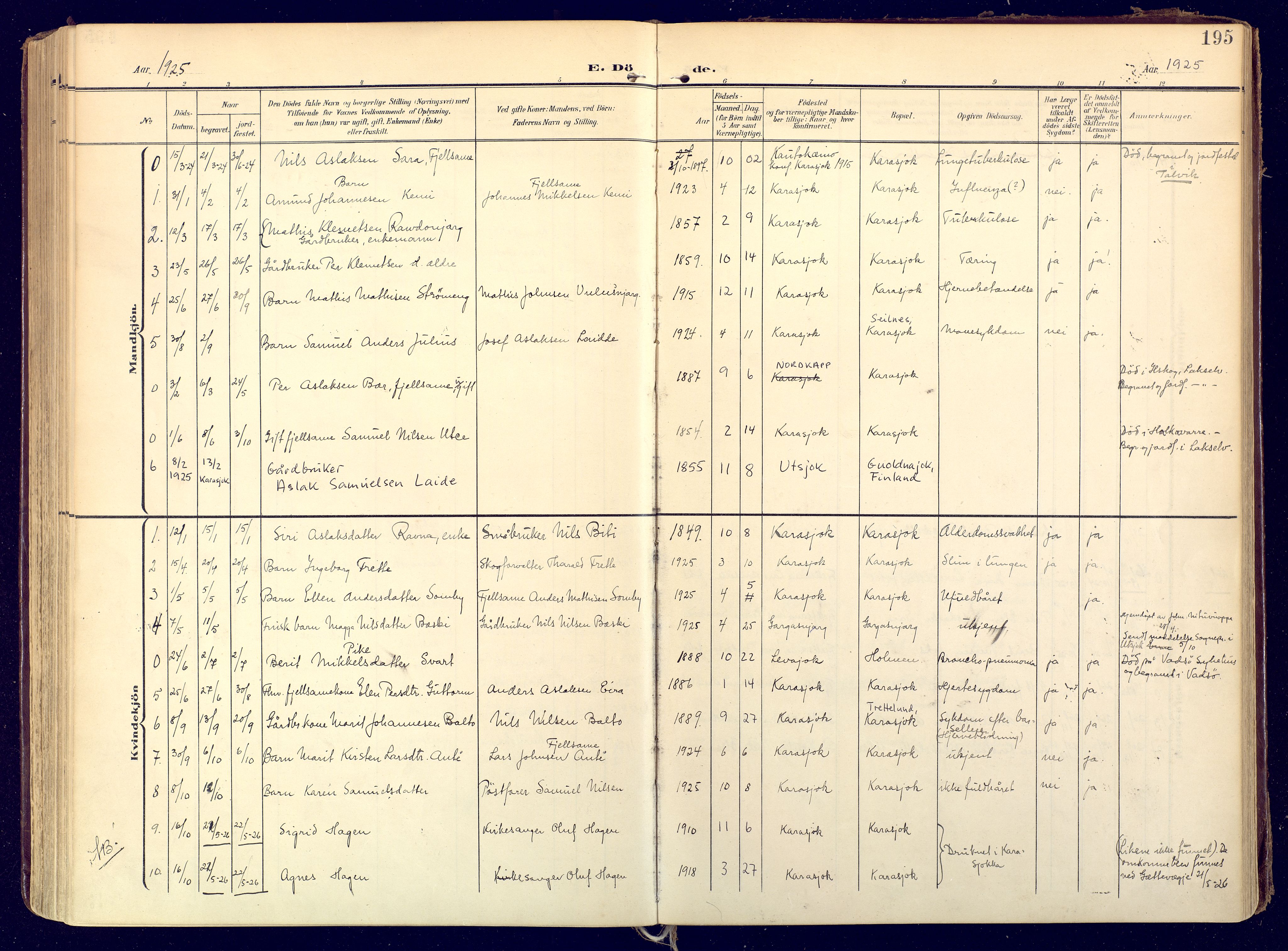 Karasjok sokneprestkontor, SATØ/S-1352/H/Ha: Parish register (official) no. 3, 1907-1926, p. 195