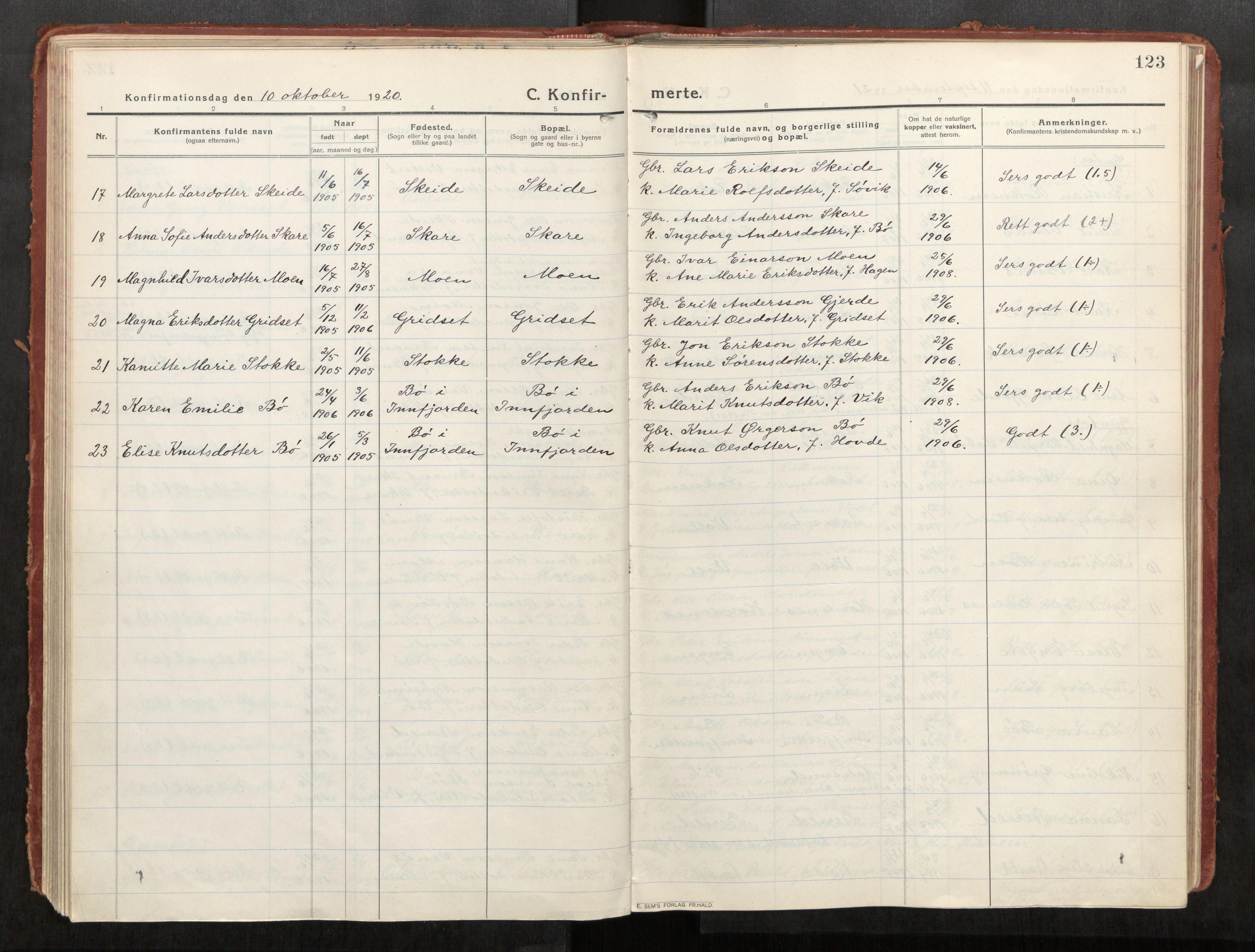 Eid sokneprestkontor, AV/SAT-A-1254: Parish register (official) no. 543A04, 1916-1956, p. 123