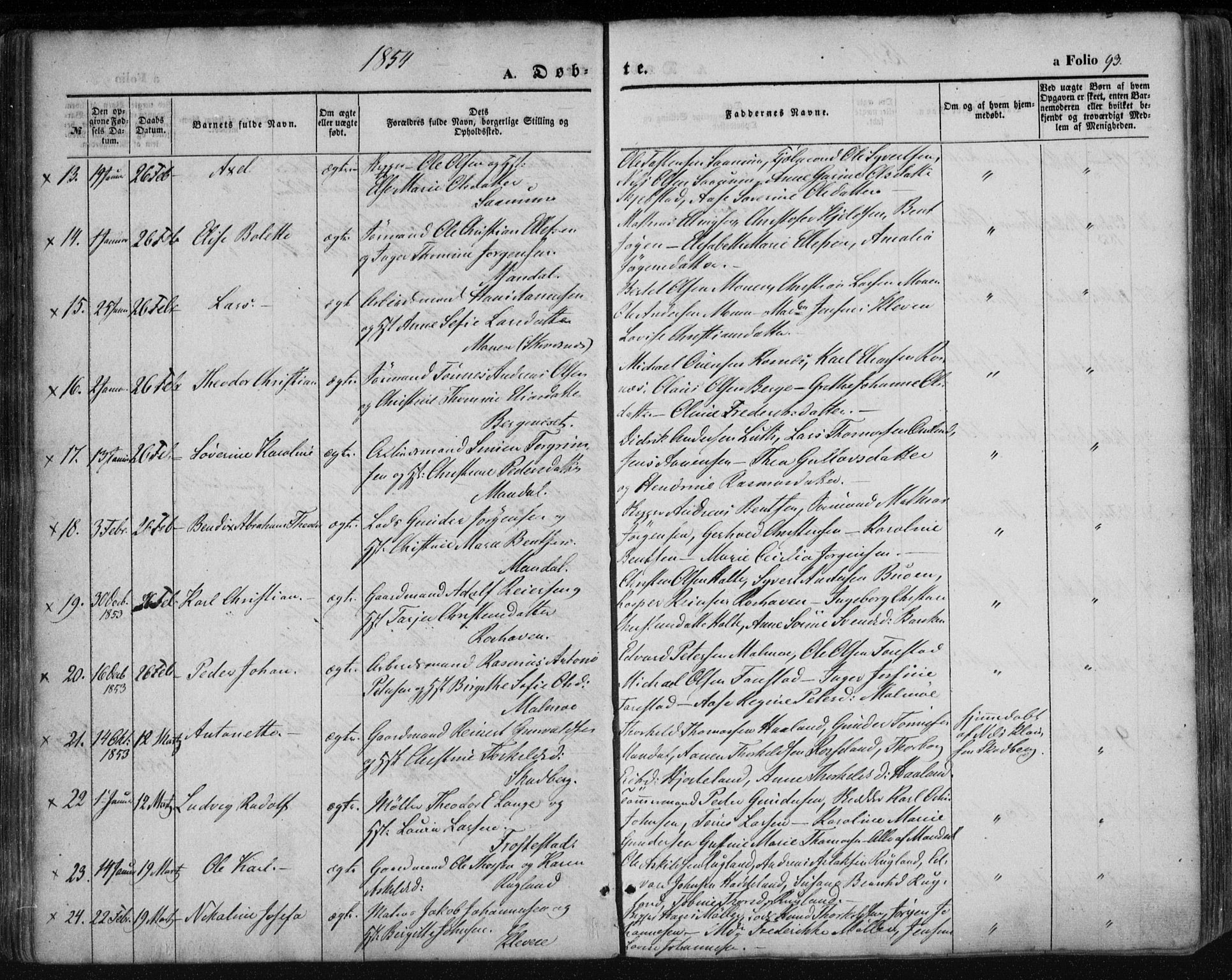 Mandal sokneprestkontor, AV/SAK-1111-0030/F/Fa/Faa/L0013: Parish register (official) no. A 13, 1847-1859, p. 93