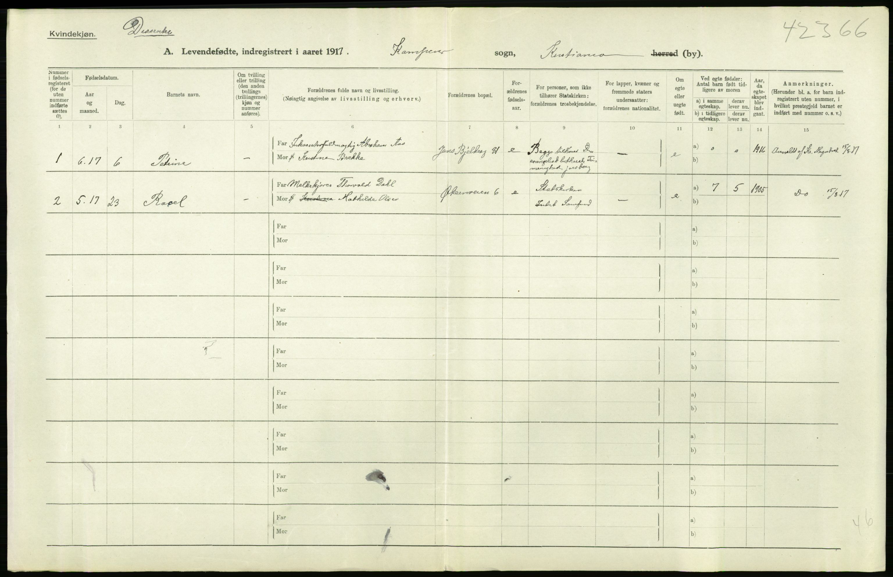 Statistisk sentralbyrå, Sosiodemografiske emner, Befolkning, AV/RA-S-2228/D/Df/Dfb/Dfbg/L0007: Kristiania: Levendefødte menn og kvinner., 1917, p. 520