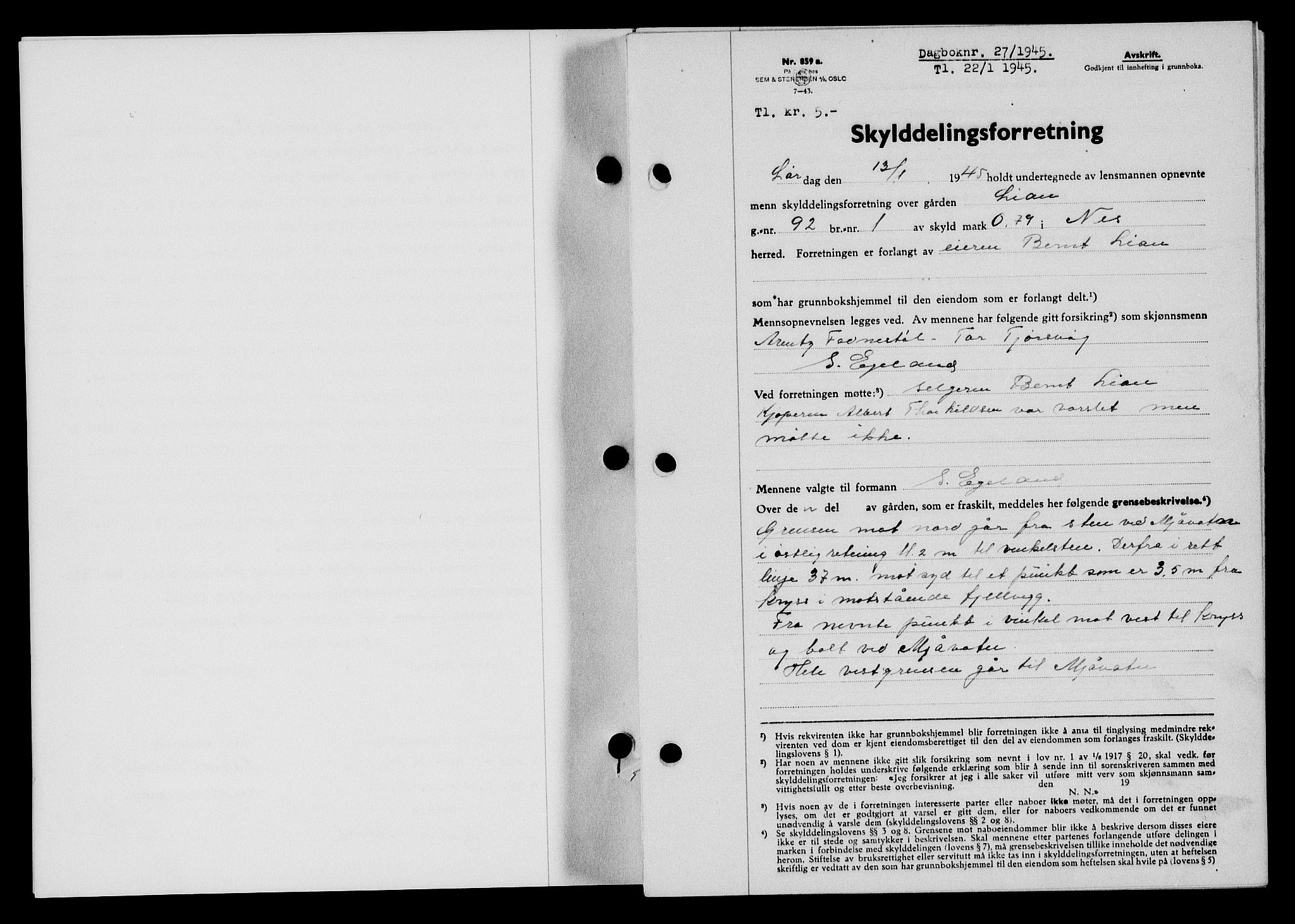 Flekkefjord sorenskriveri, SAK/1221-0001/G/Gb/Gba/L0059: Mortgage book no. A-7, 1944-1945, Diary no: : 27/1945