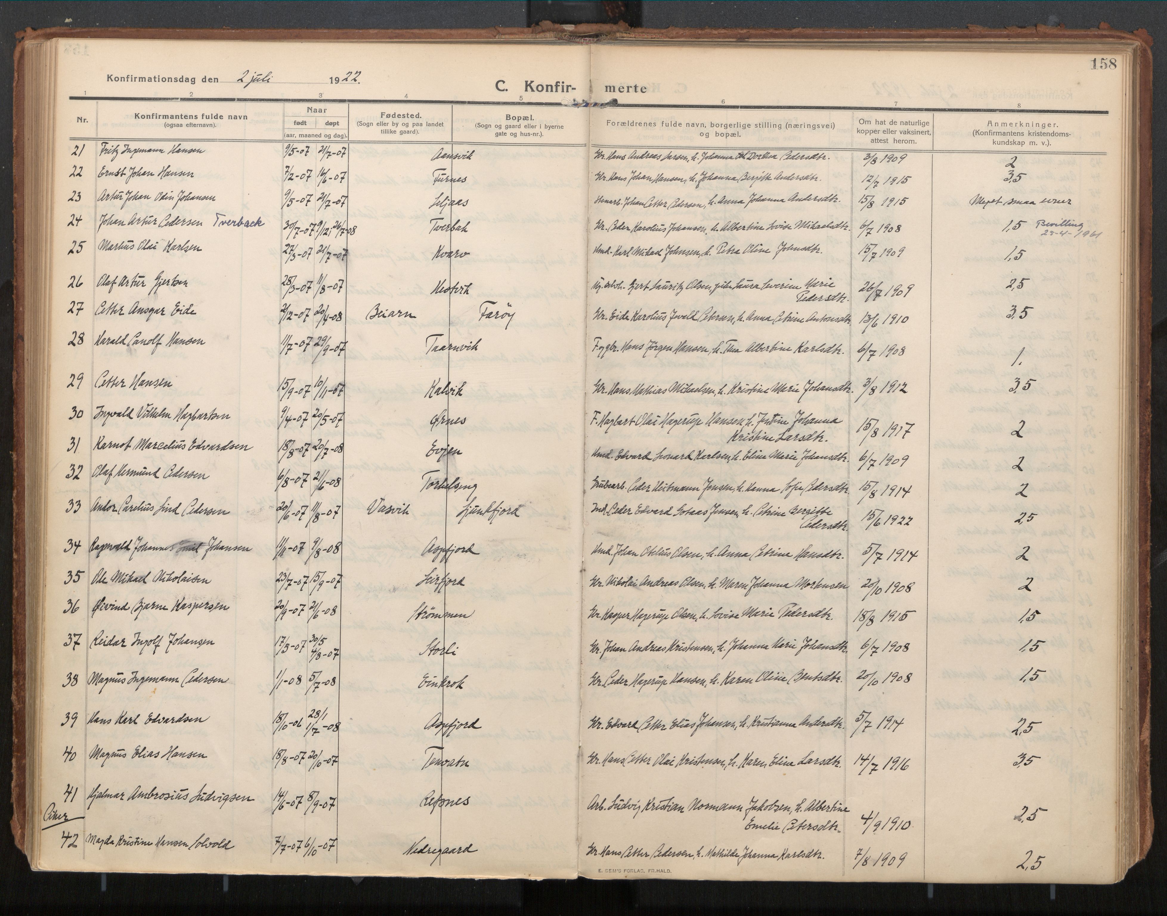 Ministerialprotokoller, klokkerbøker og fødselsregistre - Nordland, SAT/A-1459/854/L0784: Parish register (official) no. 854A07, 1910-1922, p. 158