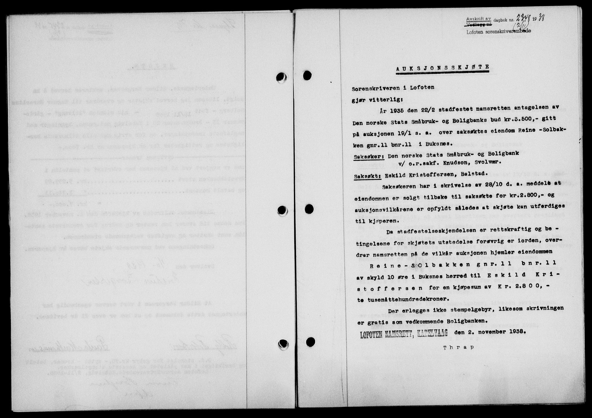 Lofoten sorenskriveri, SAT/A-0017/1/2/2C/L0004a: Mortgage book no. 4a, 1938-1938, Diary no: : 2348/1938
